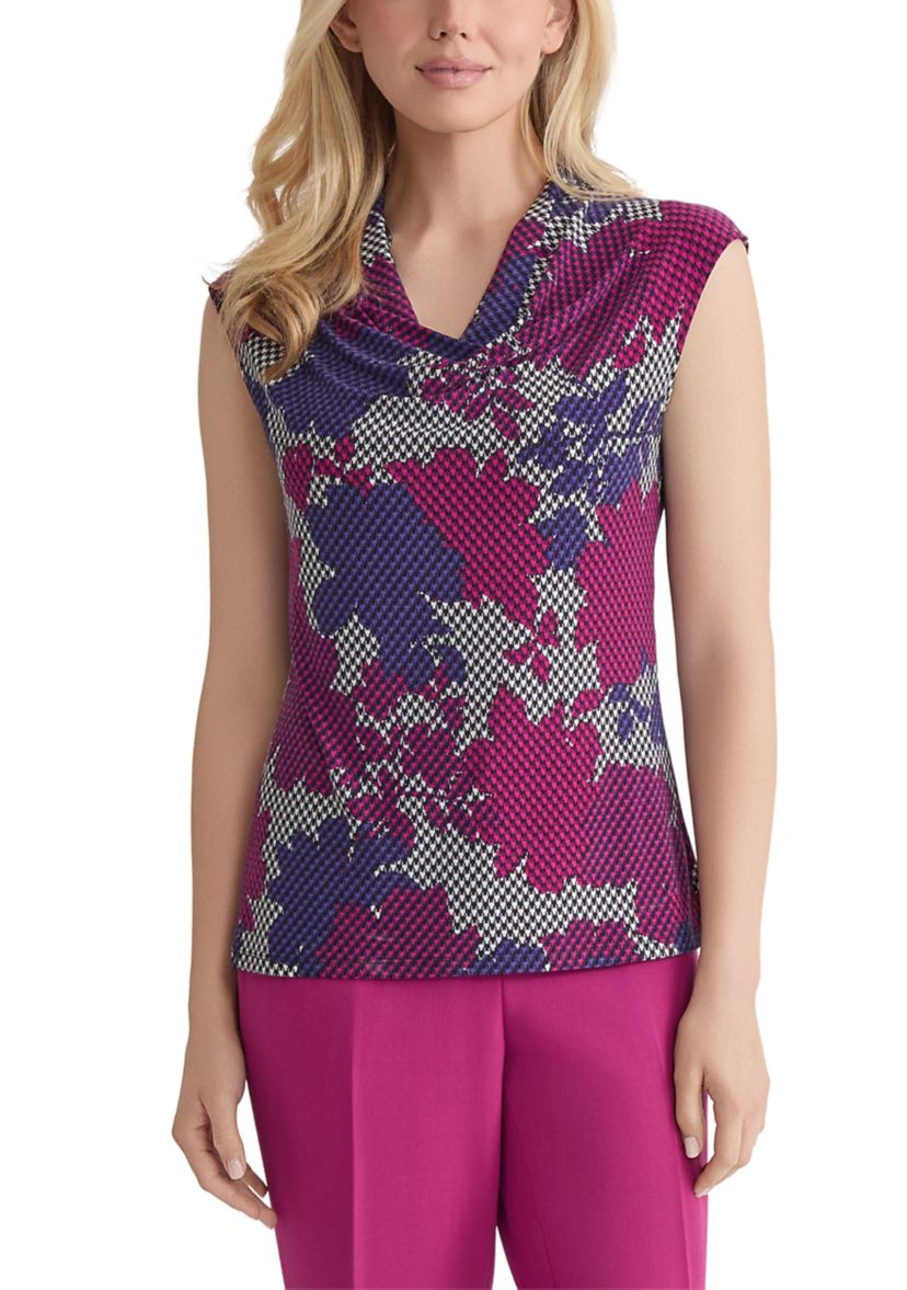 Womens Houndstooth Floral Printed Cowl Neck Knit Top