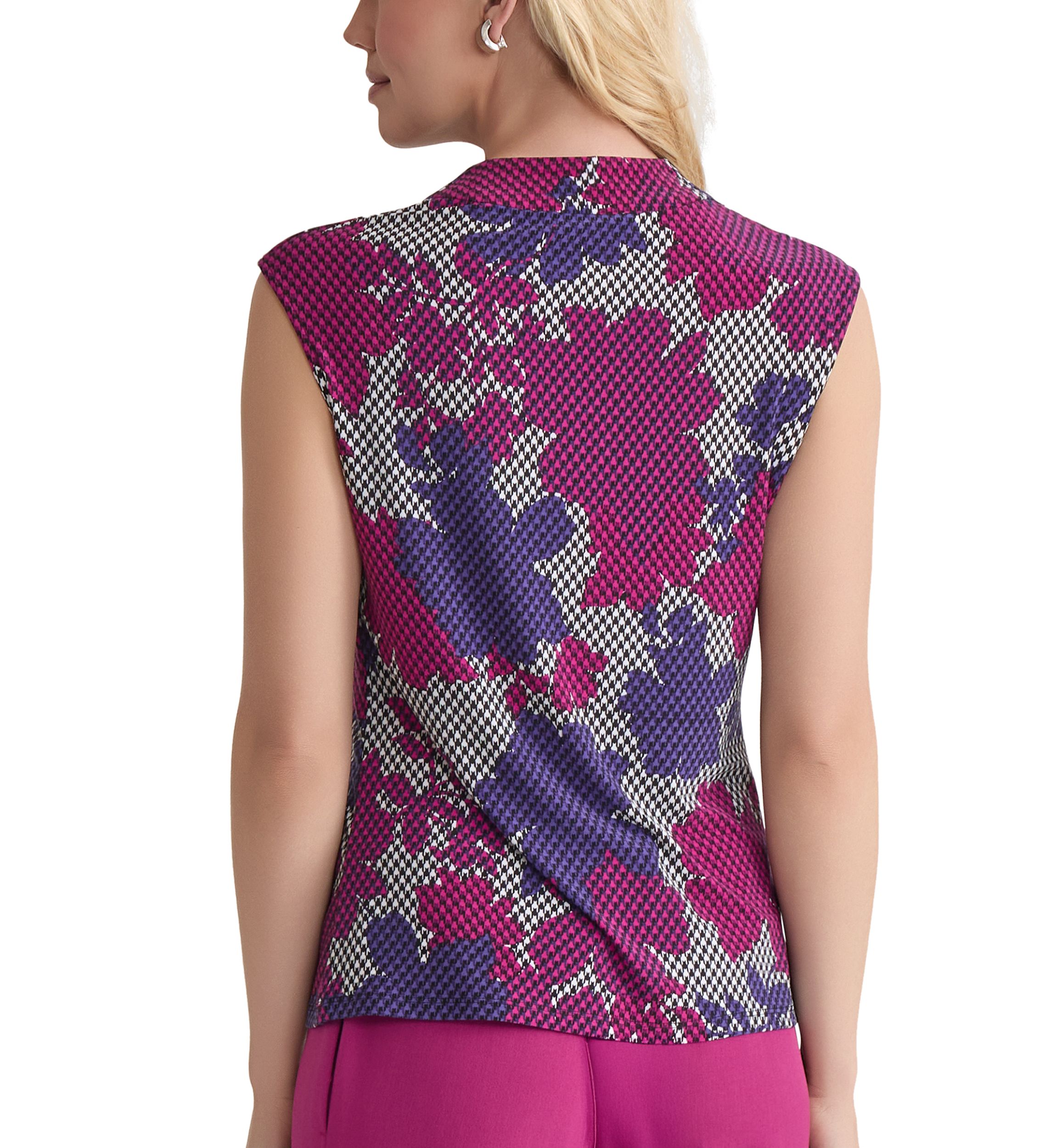 Womens Houndstooth Floral Printed Cowl Neck Knit Top