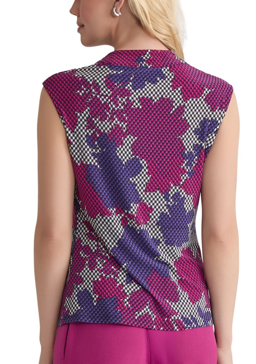 Womens Houndstooth Floral Printed Cowl Neck Knit Top
