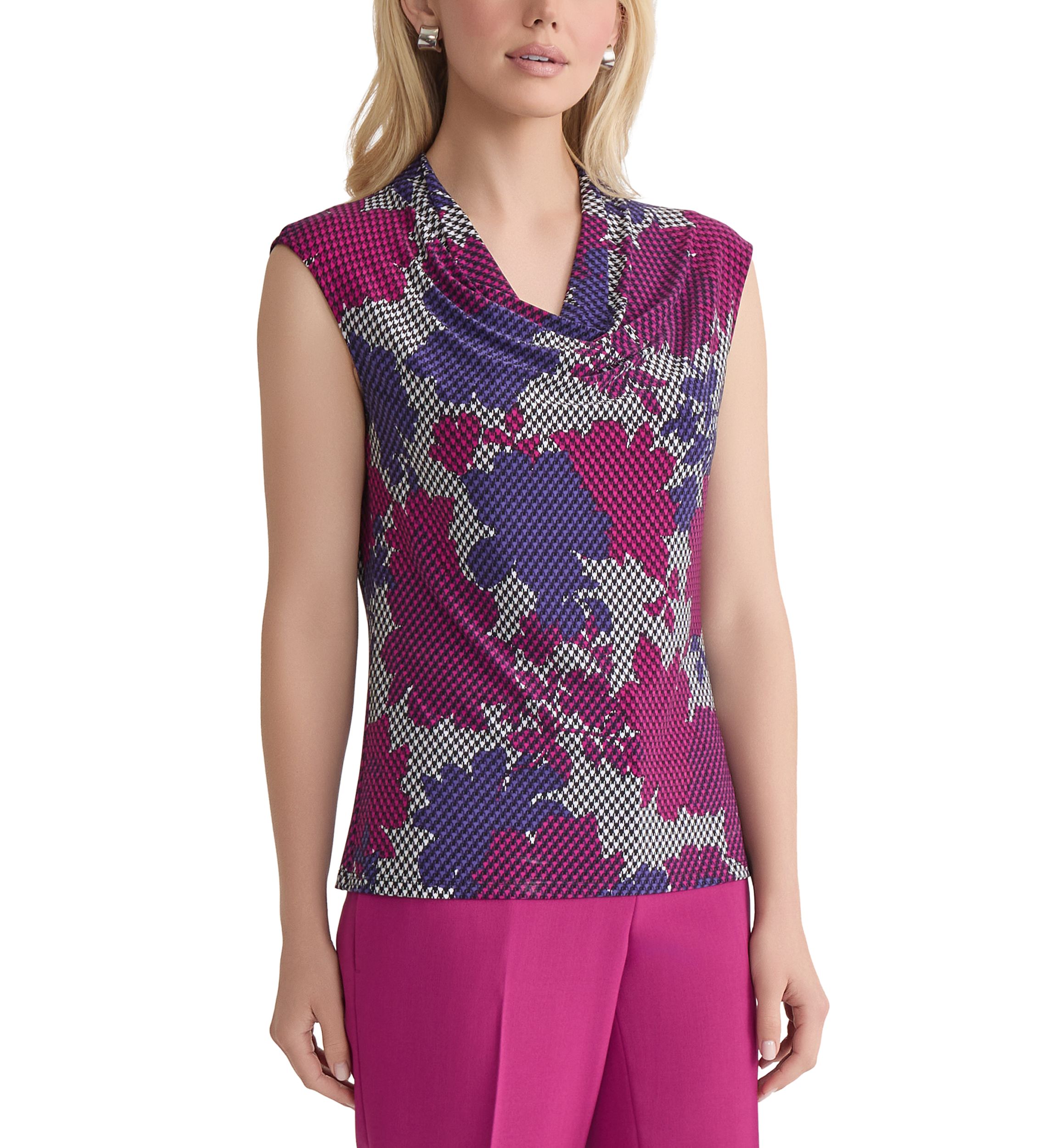 Womens Houndstooth Floral Printed Cowl Neck Knit Top