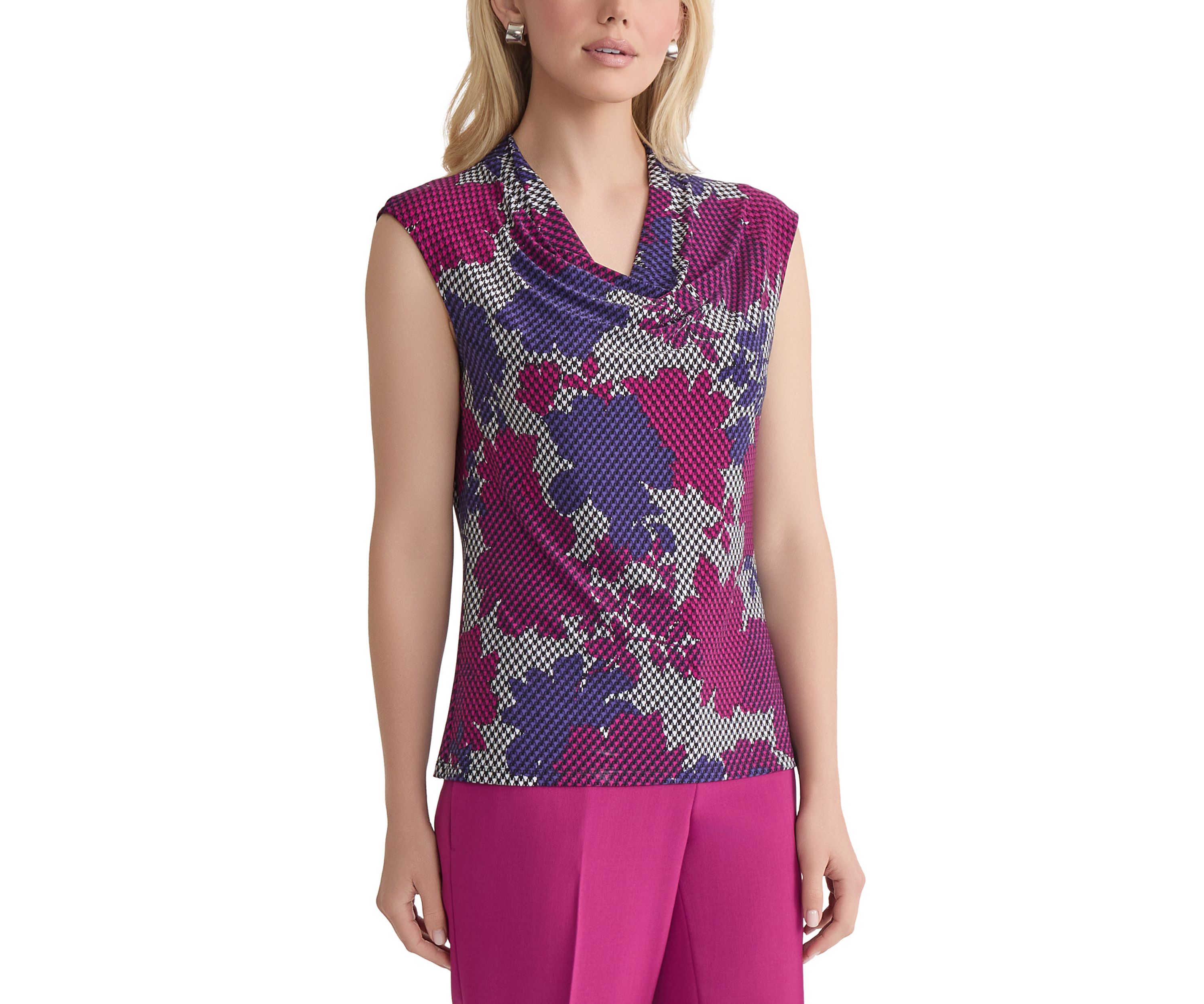 Womens Houndstooth Floral Printed Cowl Neck Knit Top