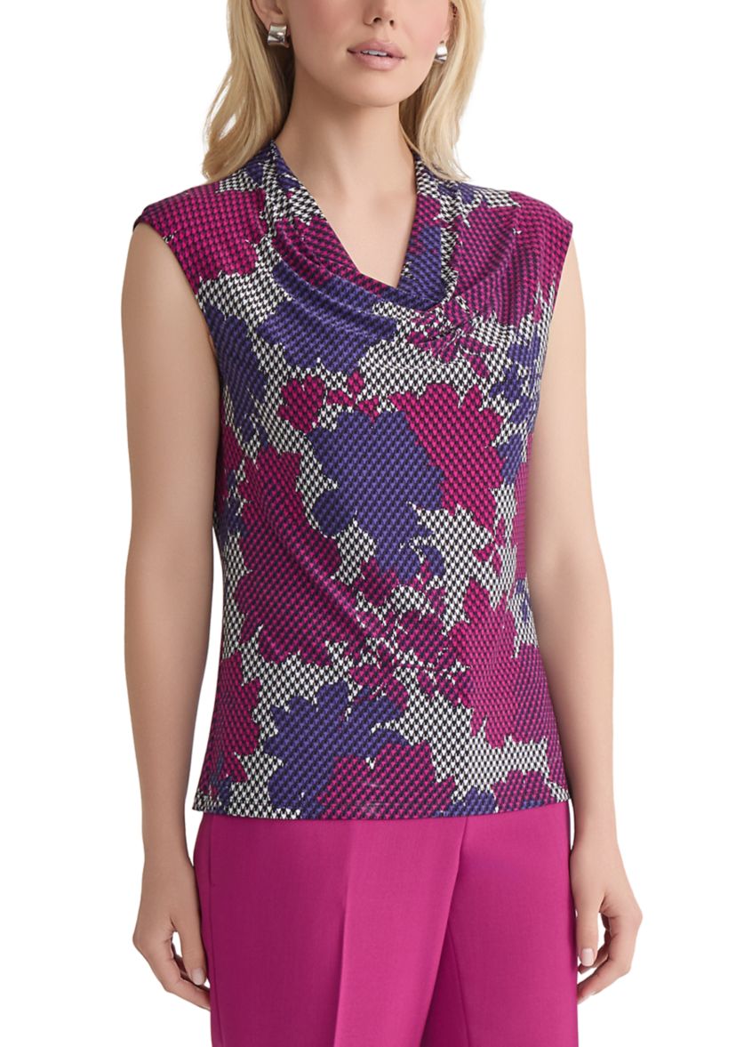 Womens Houndstooth Floral Printed Cowl Neck Knit Top