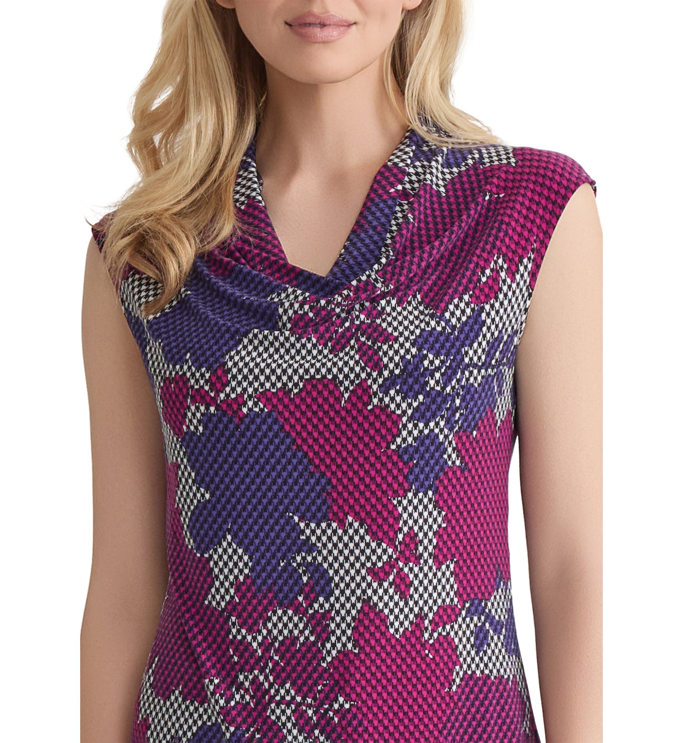 Womens Houndstooth Floral Printed Cowl Neck Knit Top