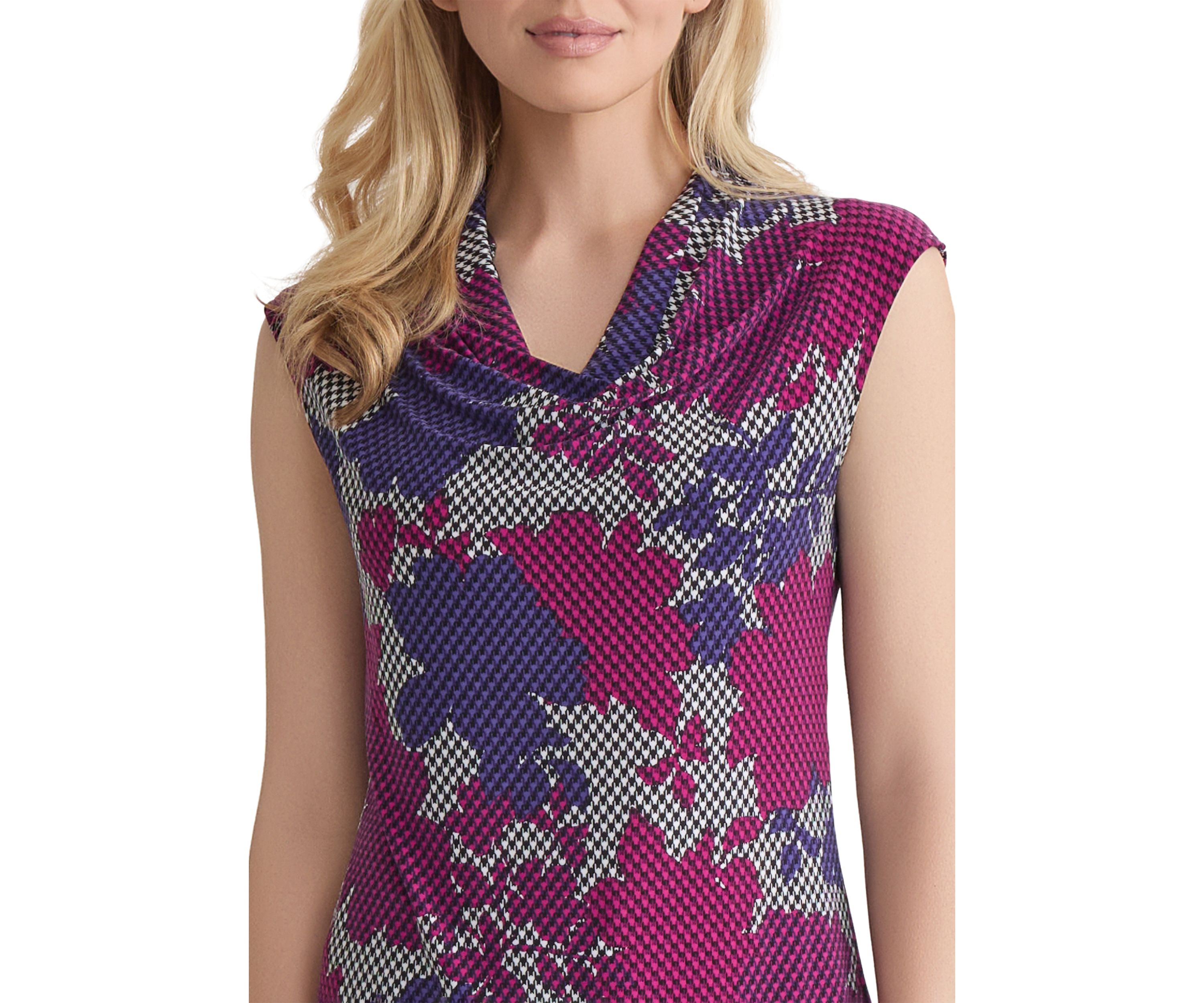 Womens Houndstooth Floral Printed Cowl Neck Knit Top