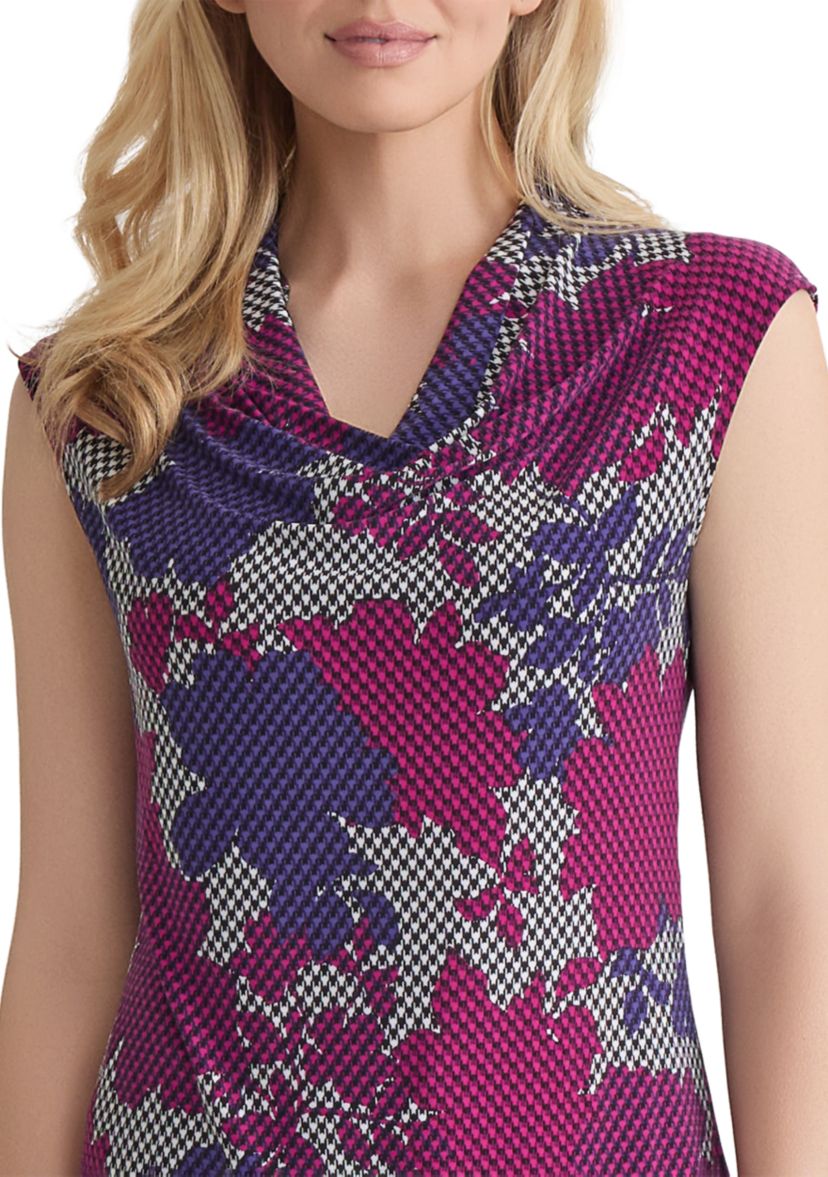 Womens Houndstooth Floral Printed Cowl Neck Knit Top