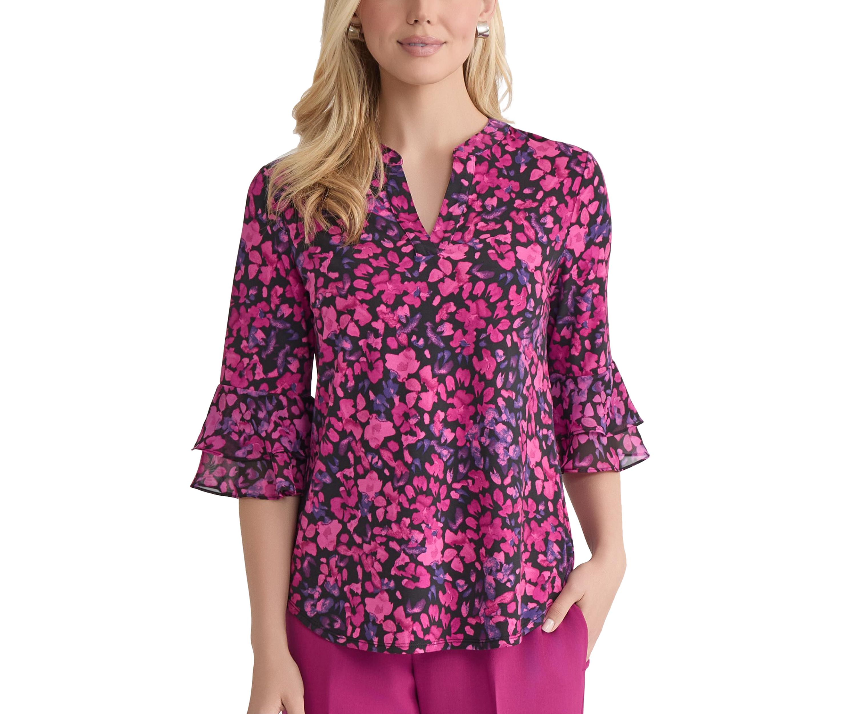 Womens Mini Floral Print 3/4 Bell Sleeve Knit Top