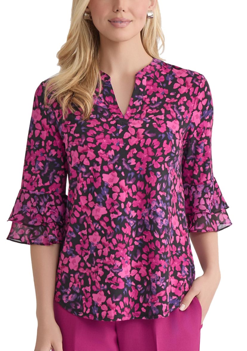 Womens Mini Floral Print 3/4 Bell Sleeve Knit Top