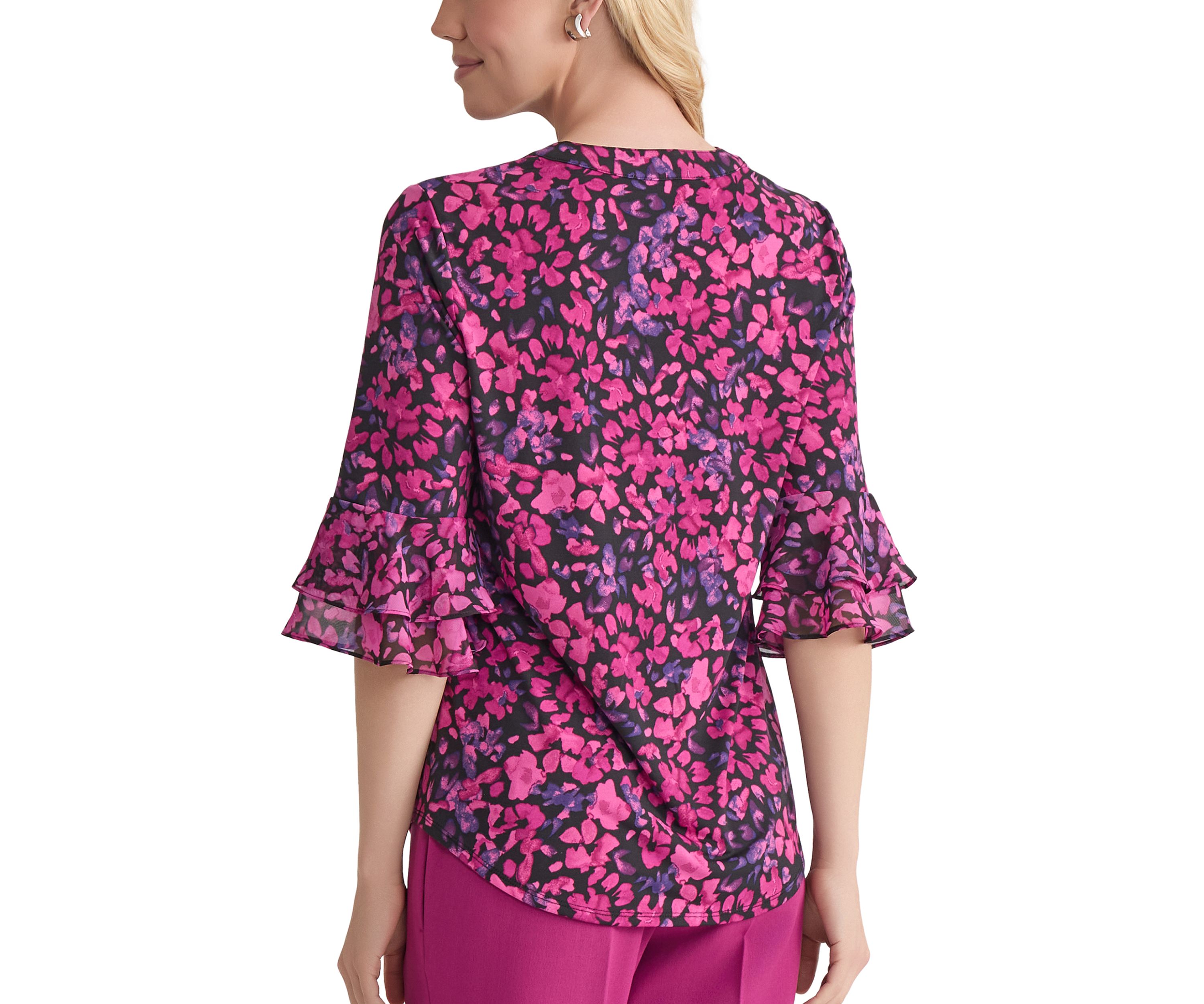 Womens Mini Floral Print 3/4 Bell Sleeve Knit Top