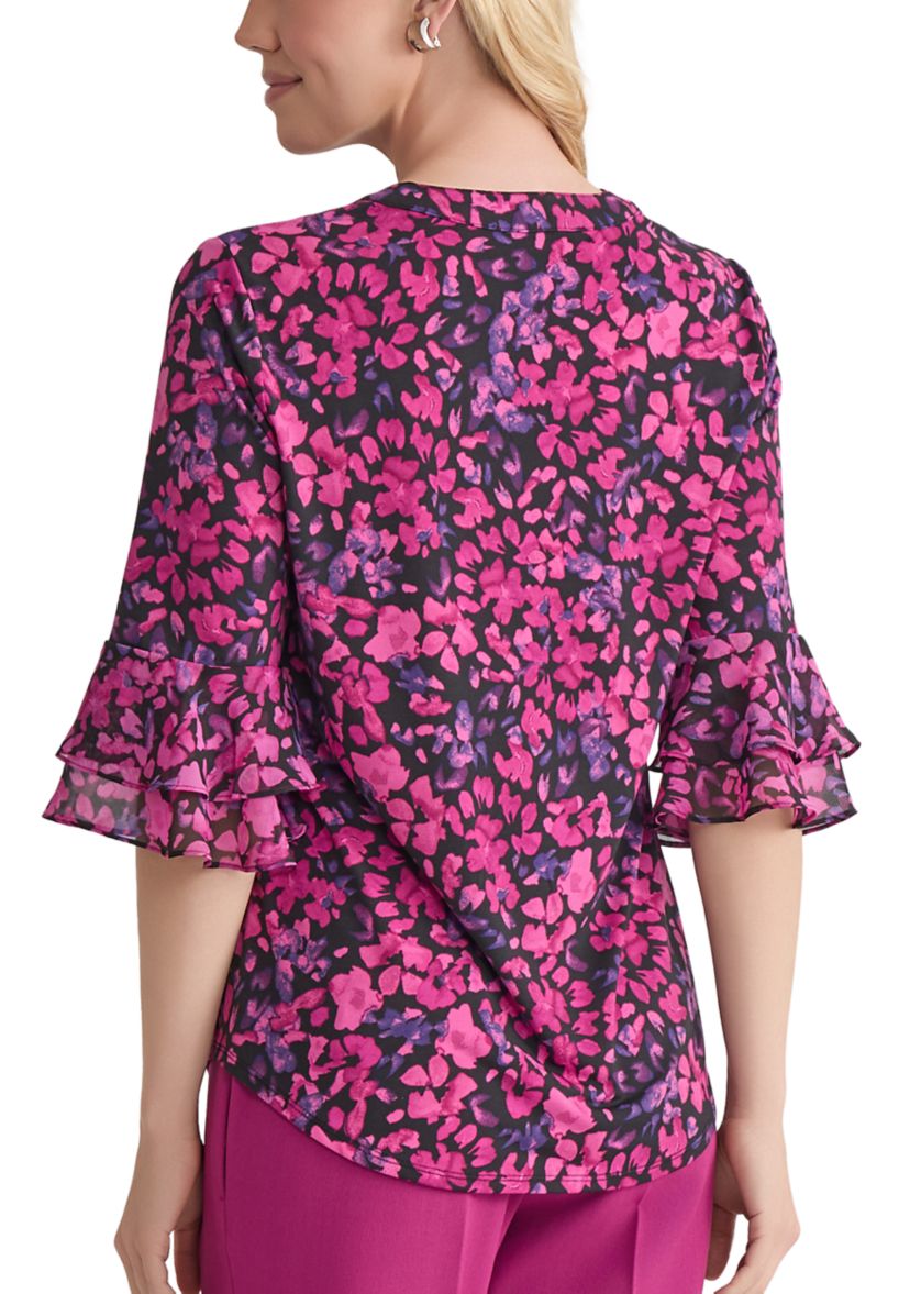 Womens Mini Floral Print 3/4 Bell Sleeve Knit Top