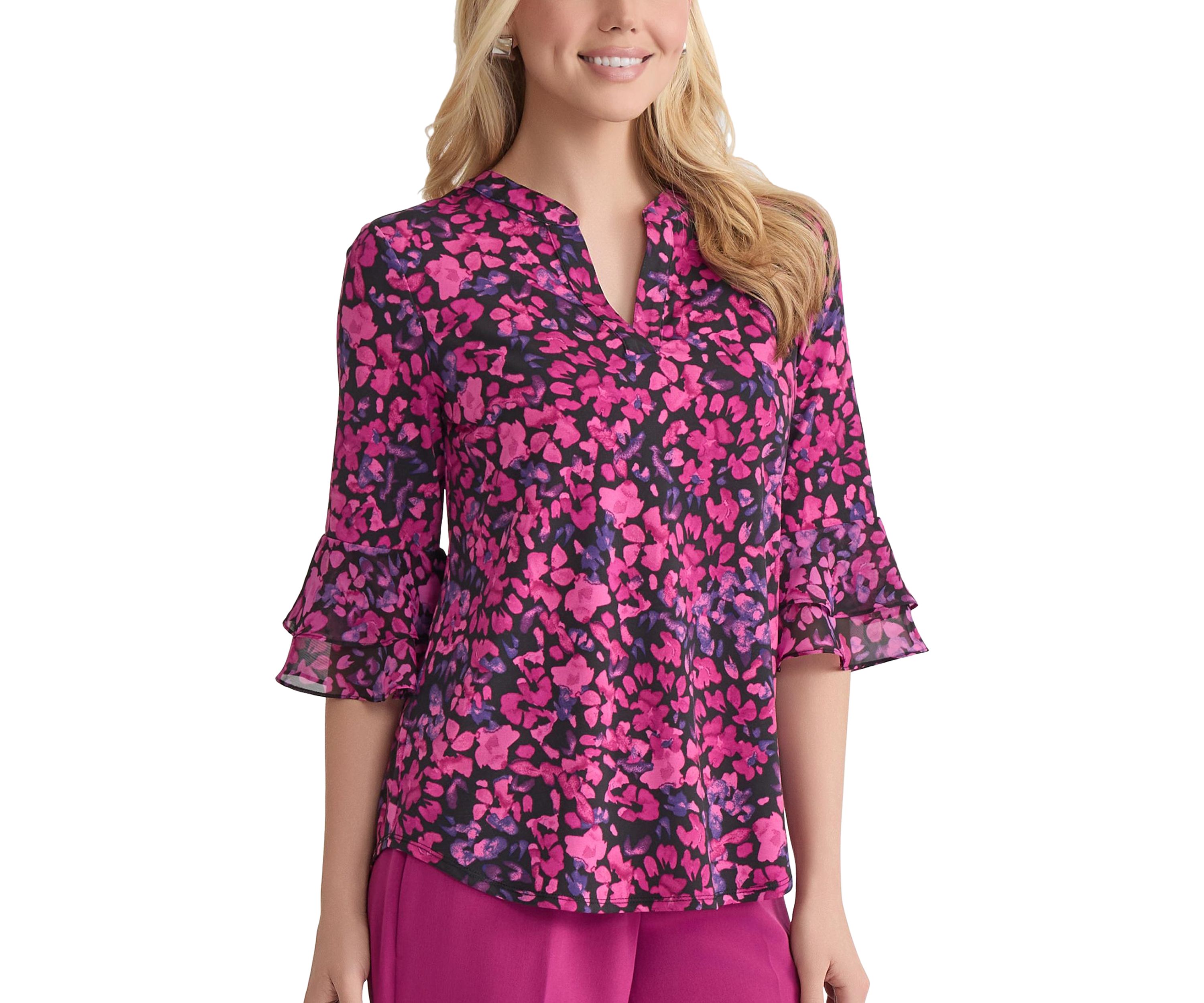 Womens Mini Floral Print 3/4 Bell Sleeve Knit Top