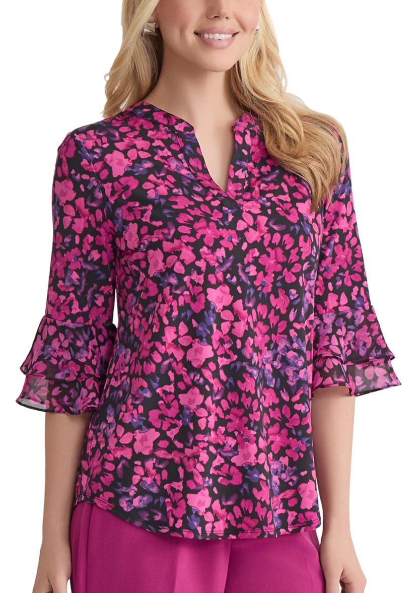 Womens Mini Floral Print 3/4 Bell Sleeve Knit Top