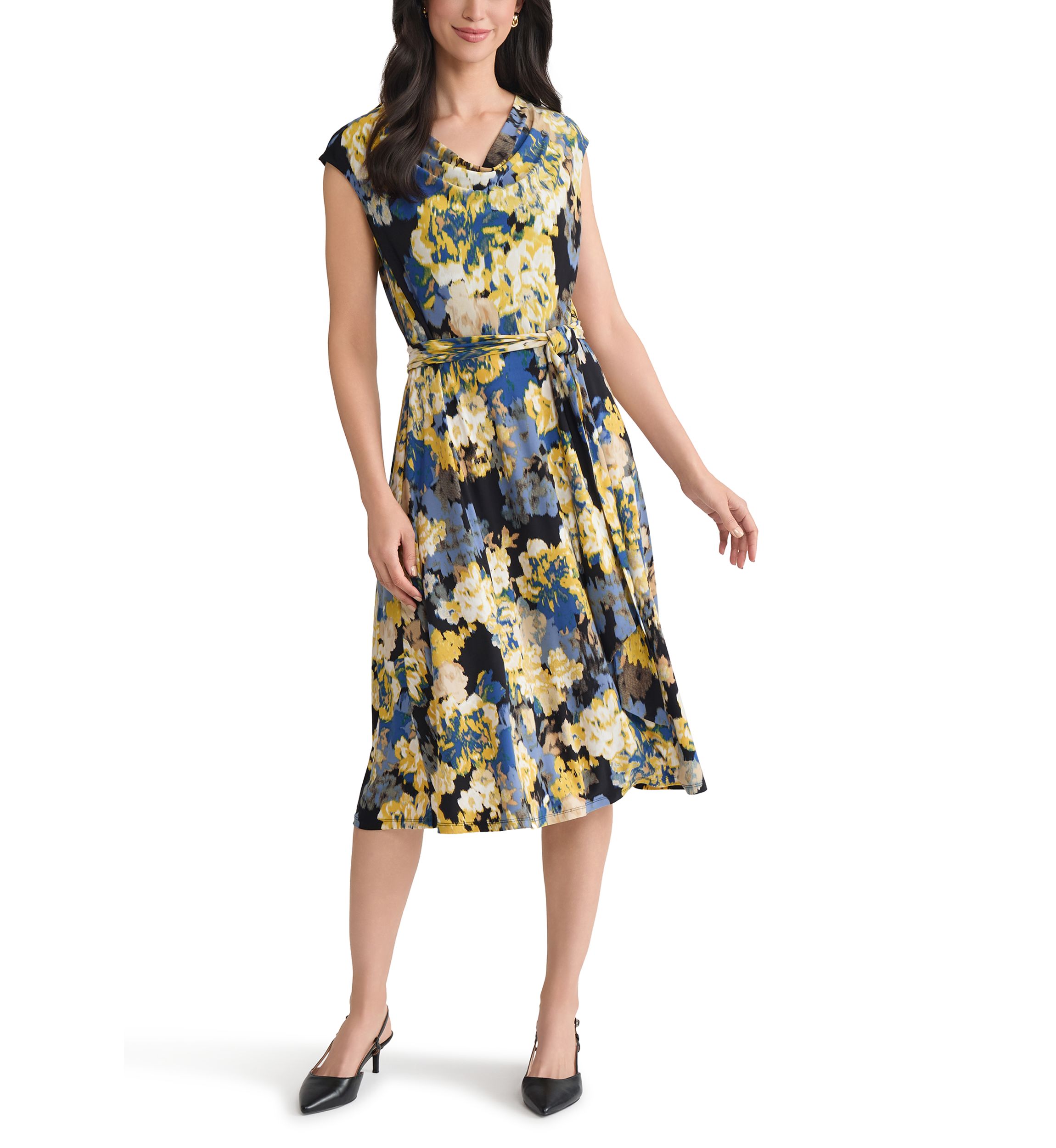 Womens Multi Floral Print Cowl Neck Knit Dress 
