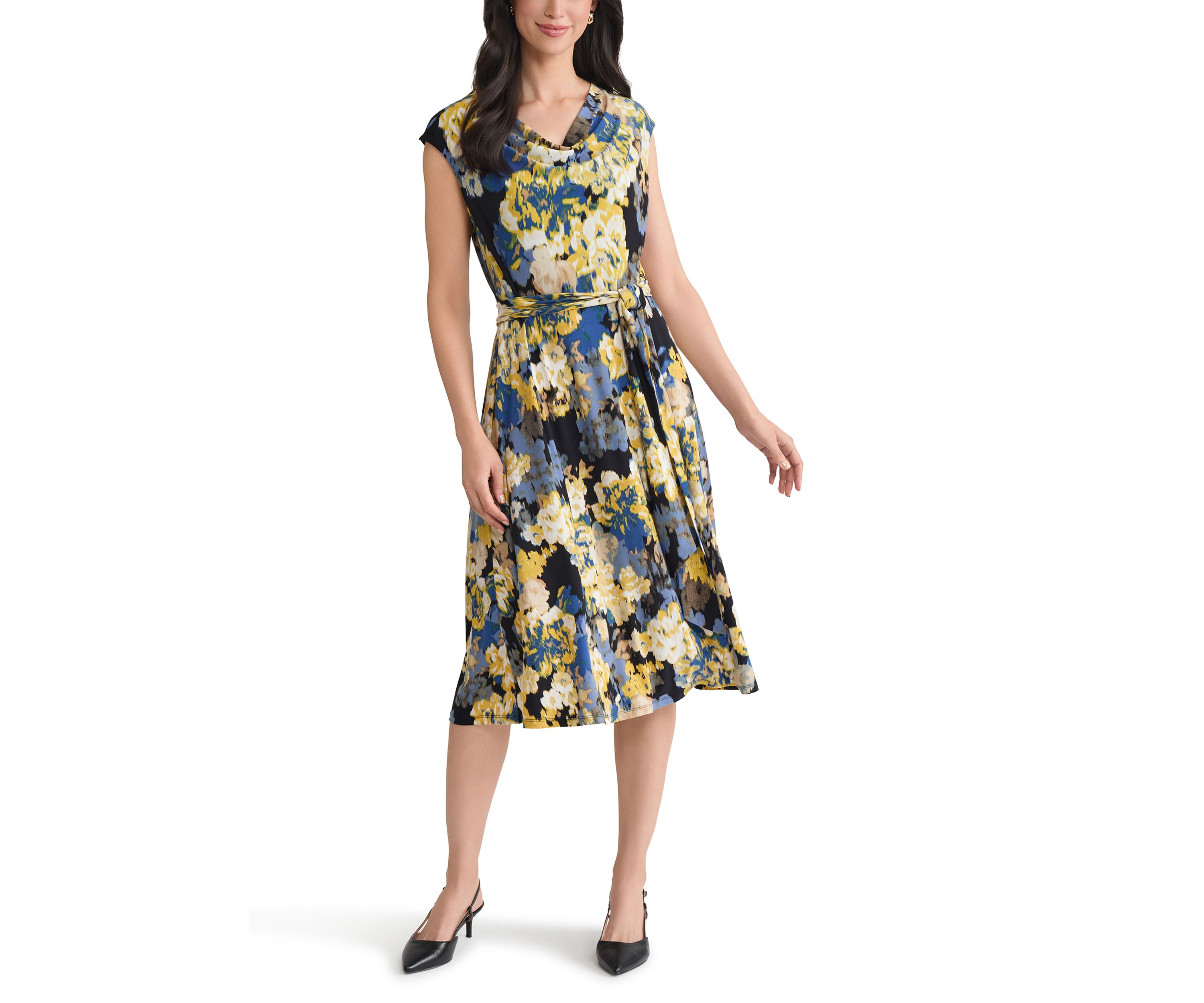 Womens Multi Floral Print Cowl Neck Knit Dress 