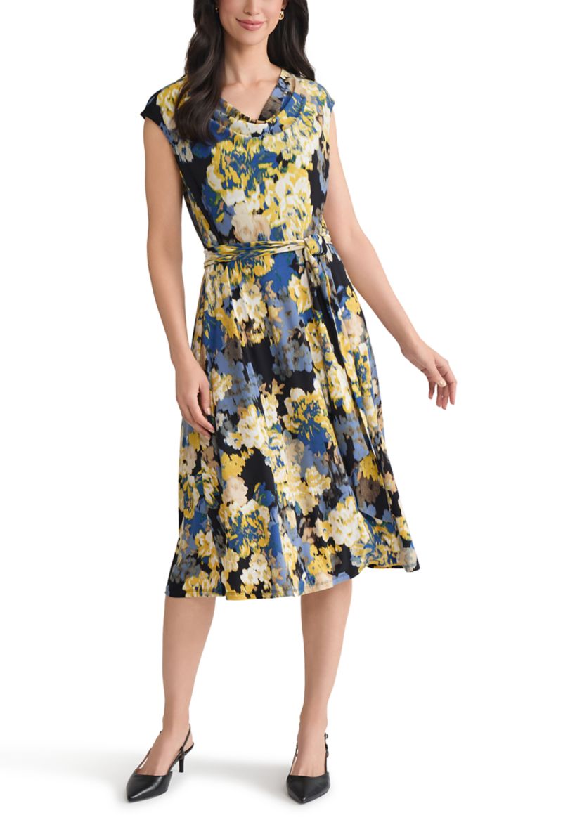 Womens Multi Floral Print Cowl Neck Knit Dress 