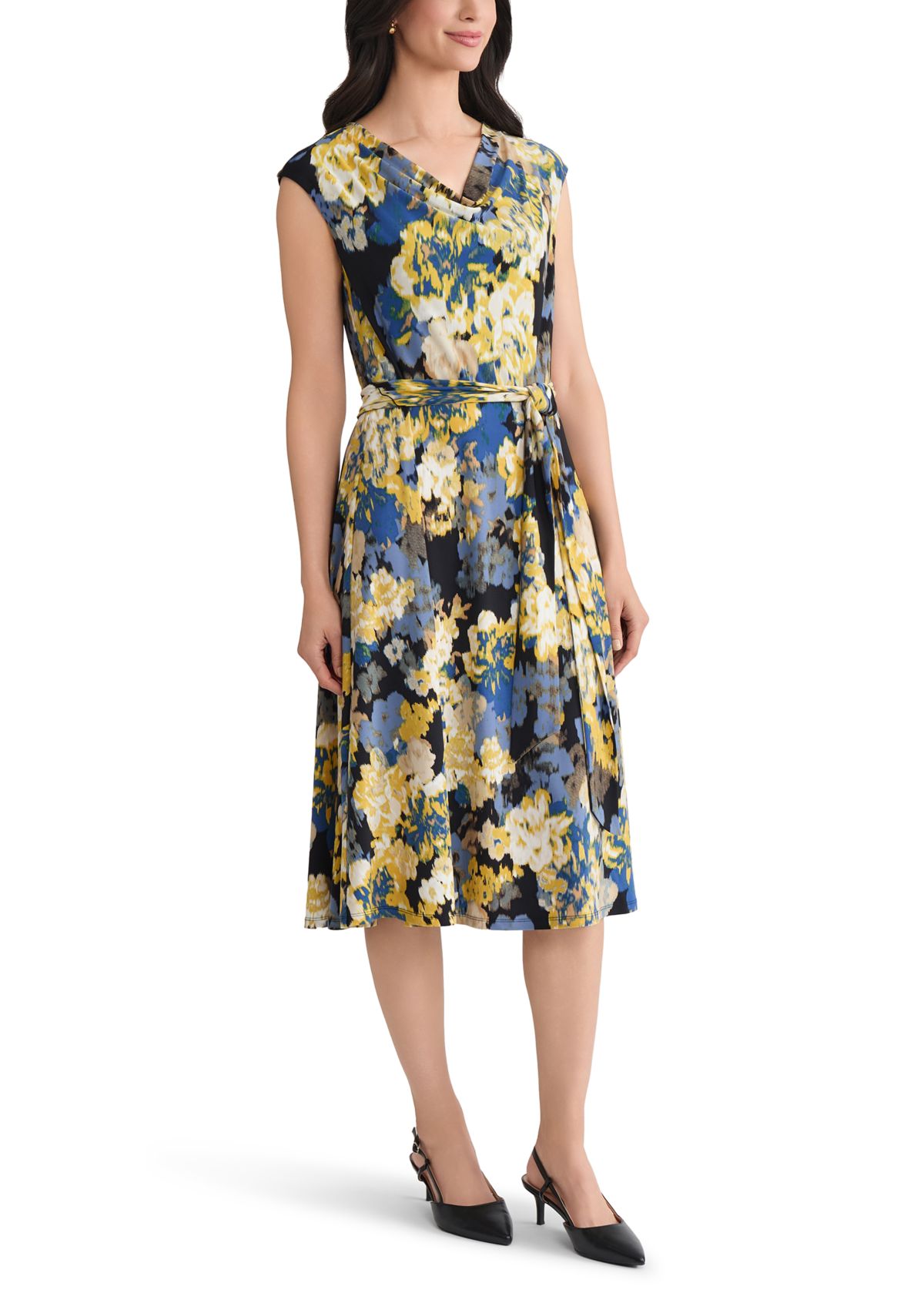 Womens Multi Floral Print Cowl Neck Knit Dress 