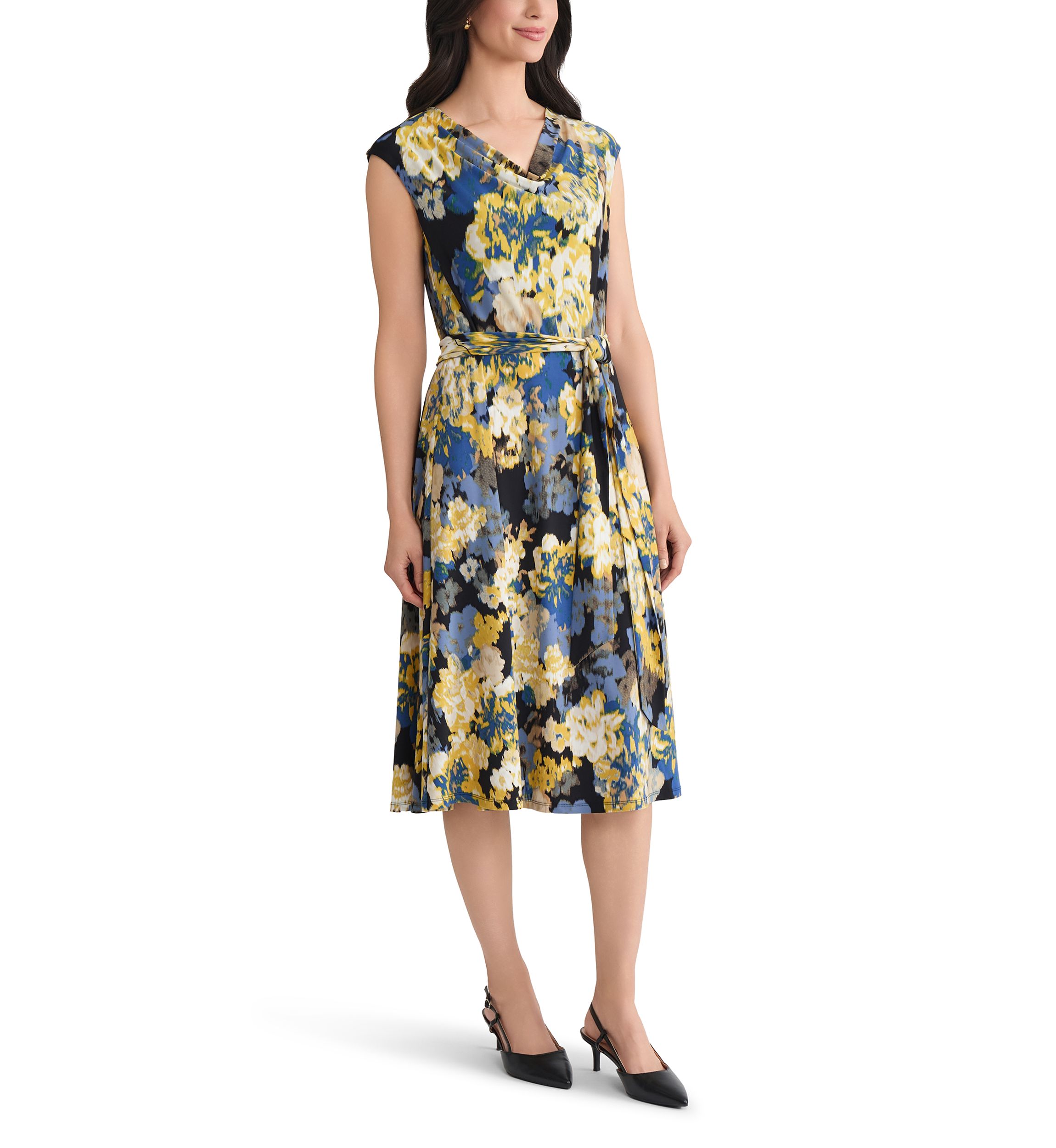 Womens Multi Floral Print Cowl Neck Knit Dress 