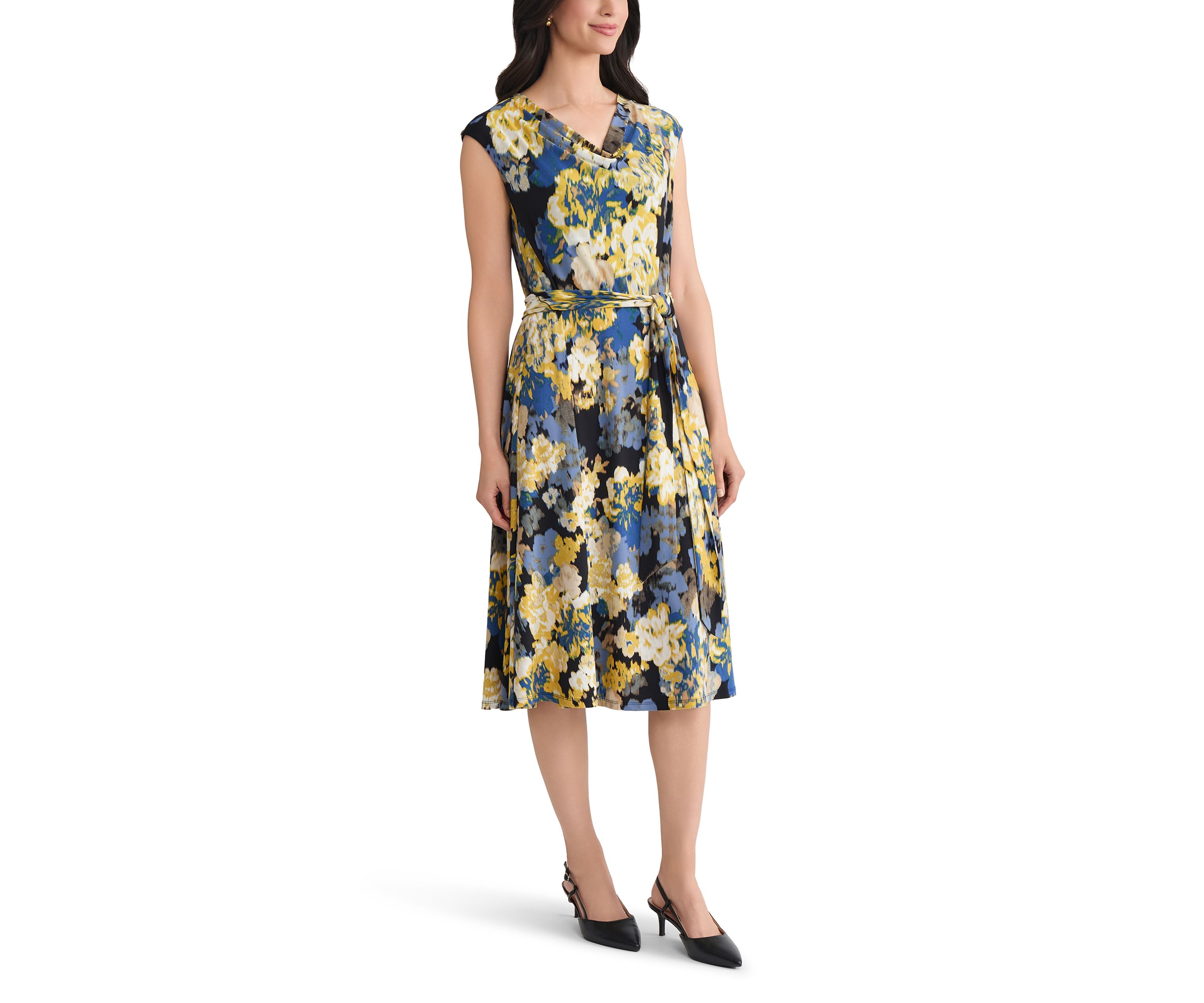 Womens Multi Floral Print Cowl Neck Knit Dress 