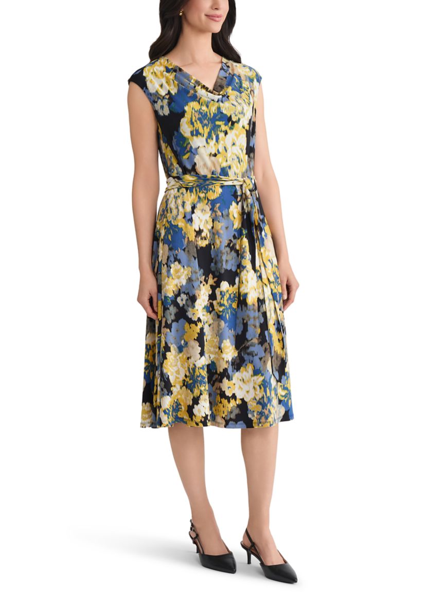 Womens Multi Floral Print Cowl Neck Knit Dress 