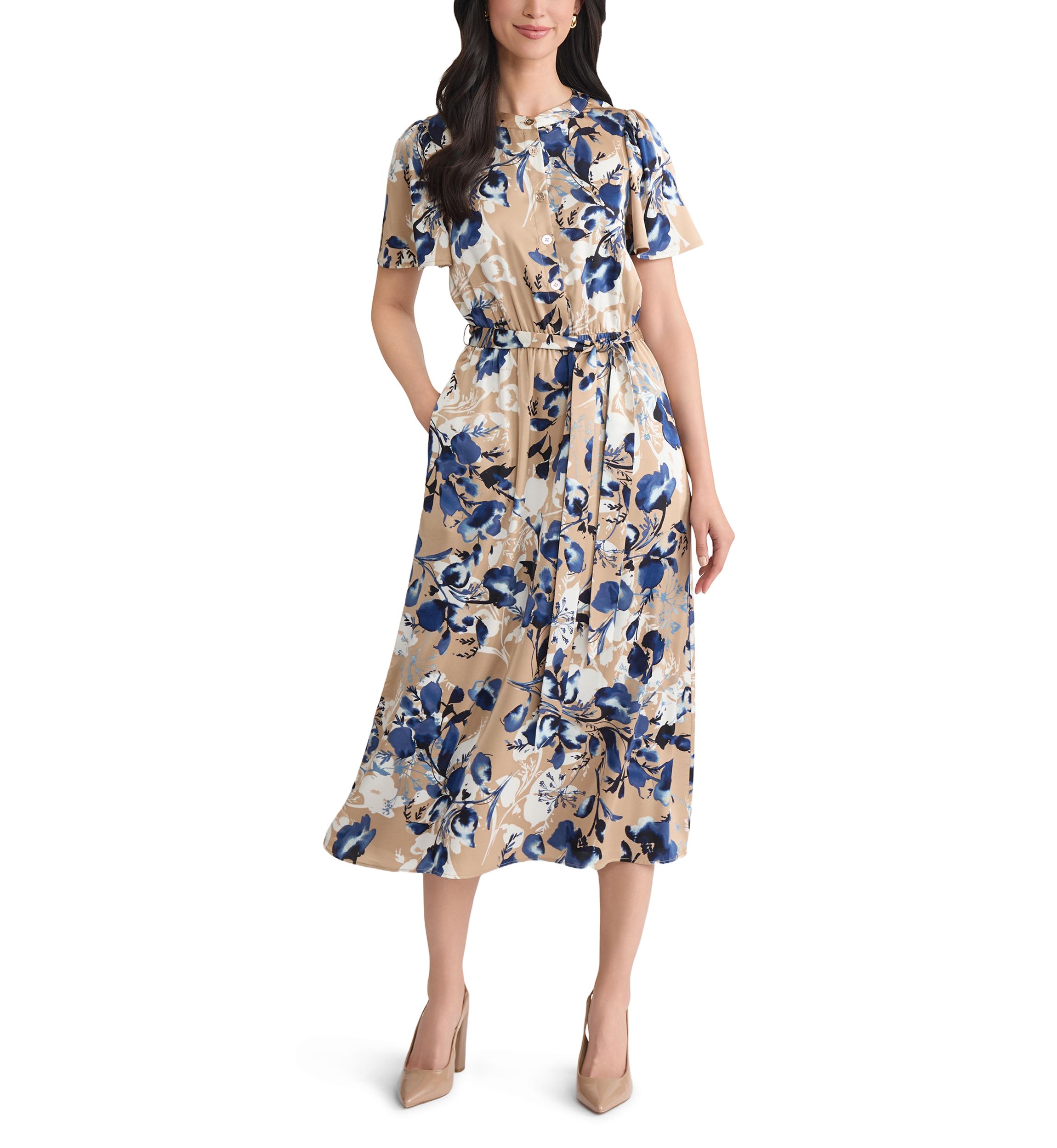 Womens Floral Print Satin Shirt Dress 