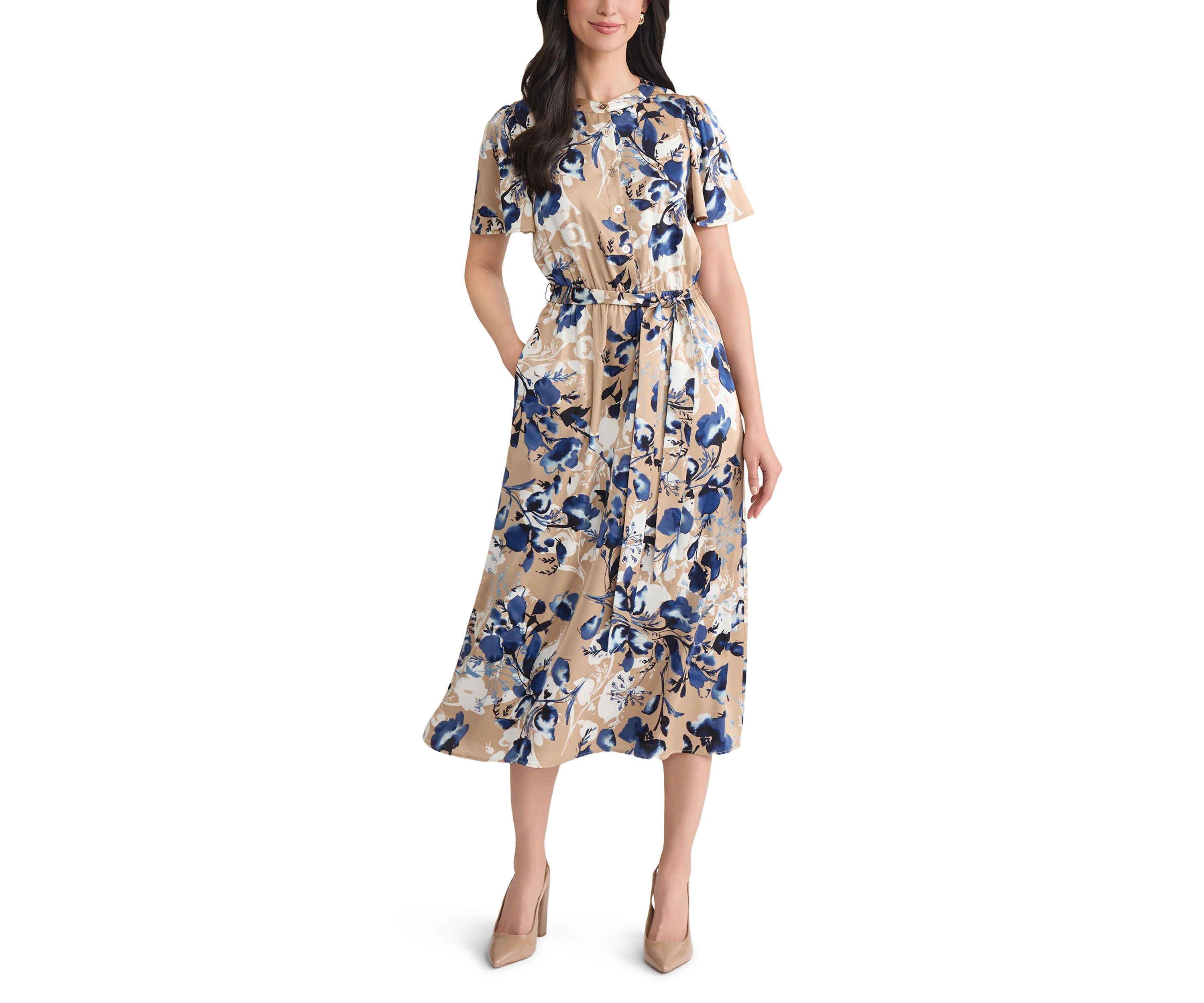 Womens Floral Print Satin Shirt Dress 