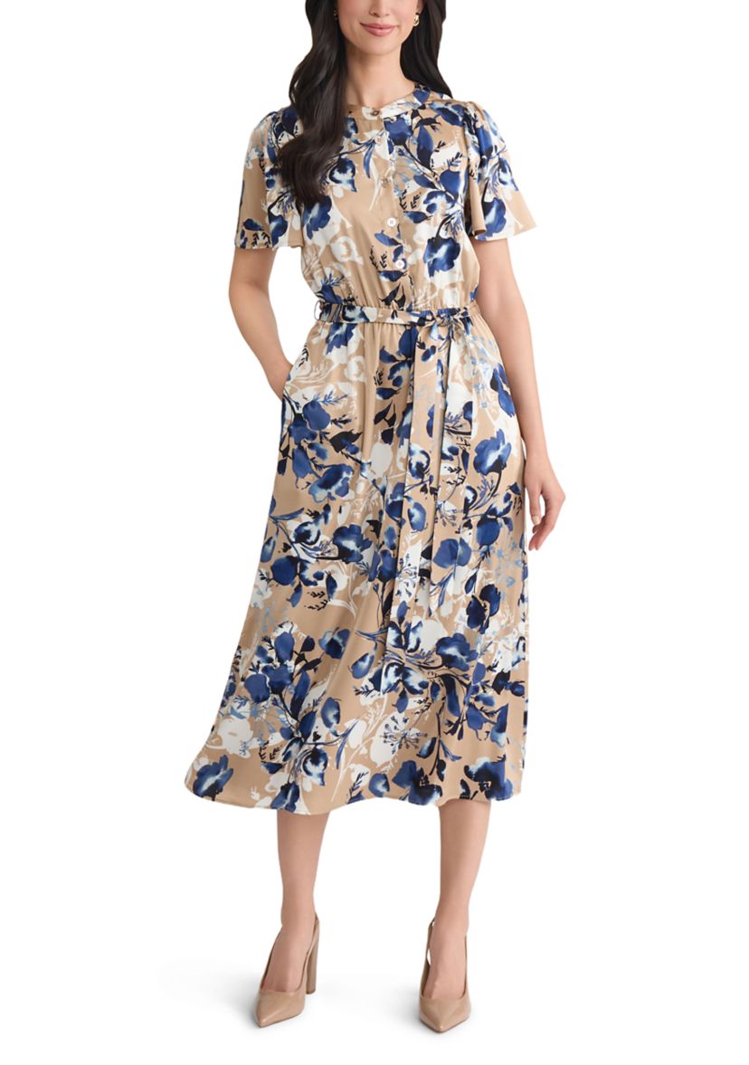 Womens Floral Print Satin Shirt Dress 