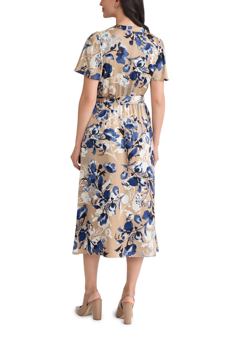 Womens Floral Print Satin Shirt Dress 