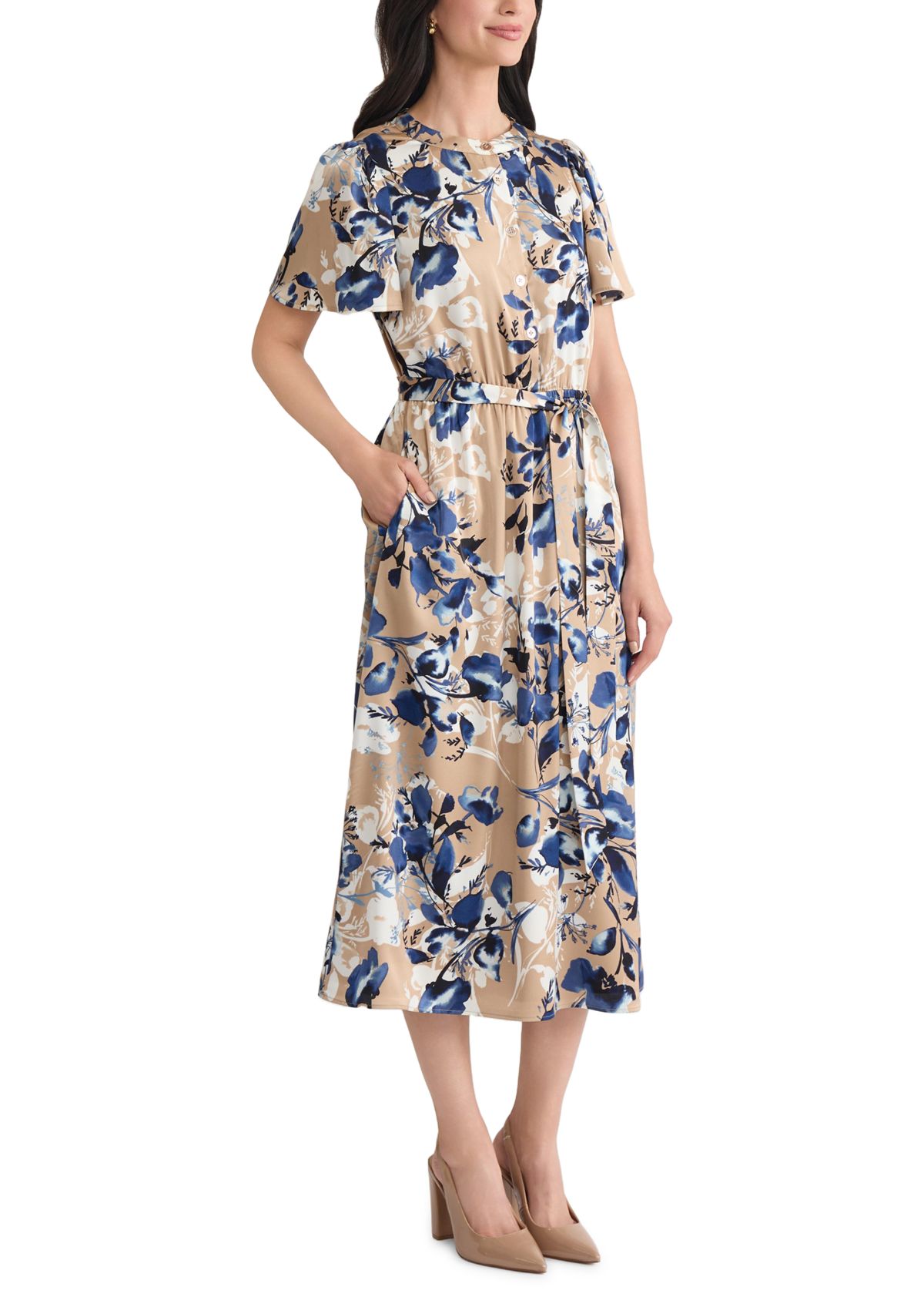 Womens Floral Print Satin Shirt Dress 