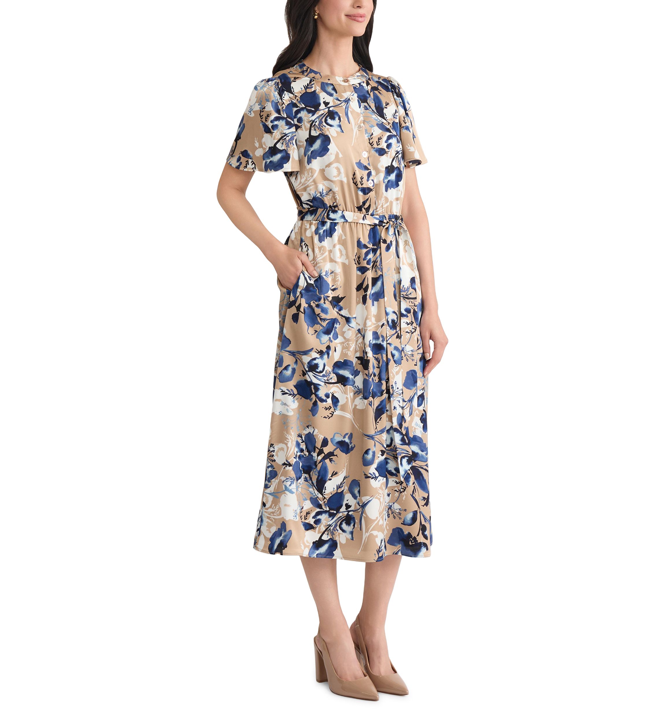 Womens Floral Print Satin Shirt Dress 
