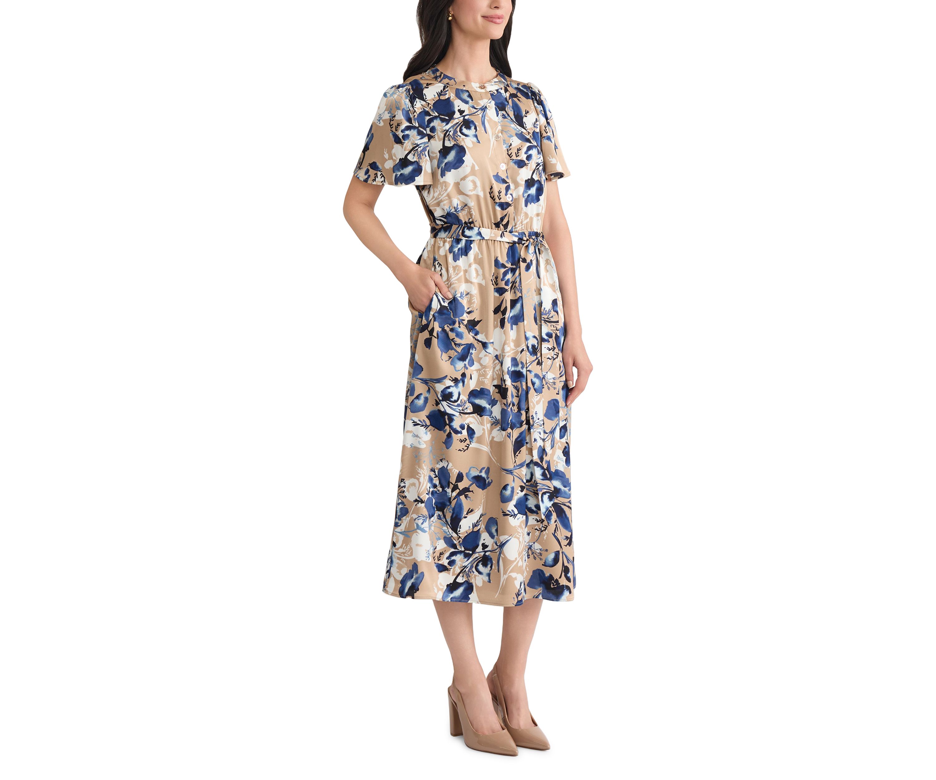 Womens Floral Print Satin Shirt Dress 