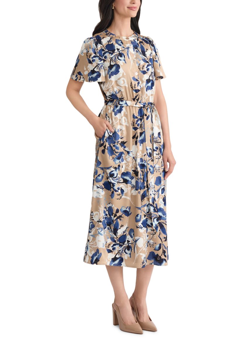 Womens Floral Print Satin Shirt Dress 