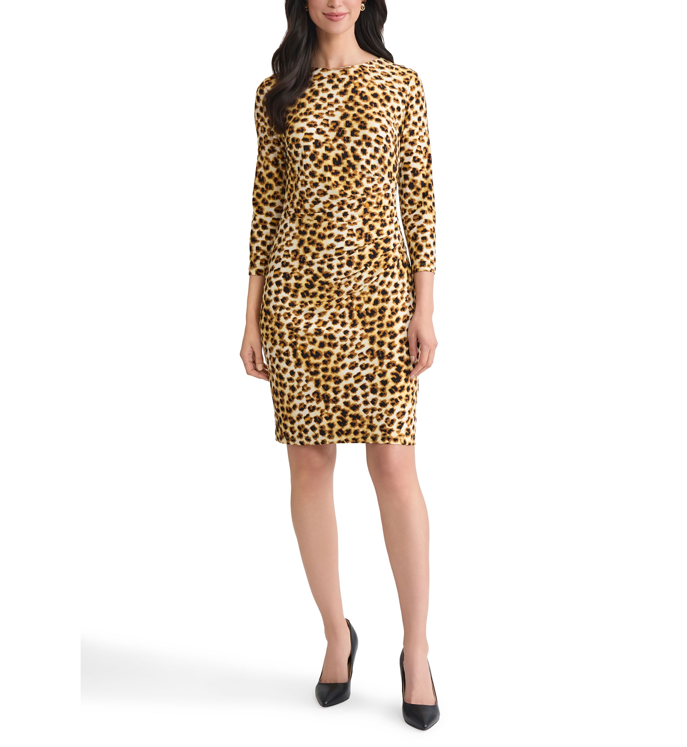 Womens Animal Print Ruched Knit Dress with Hardware 