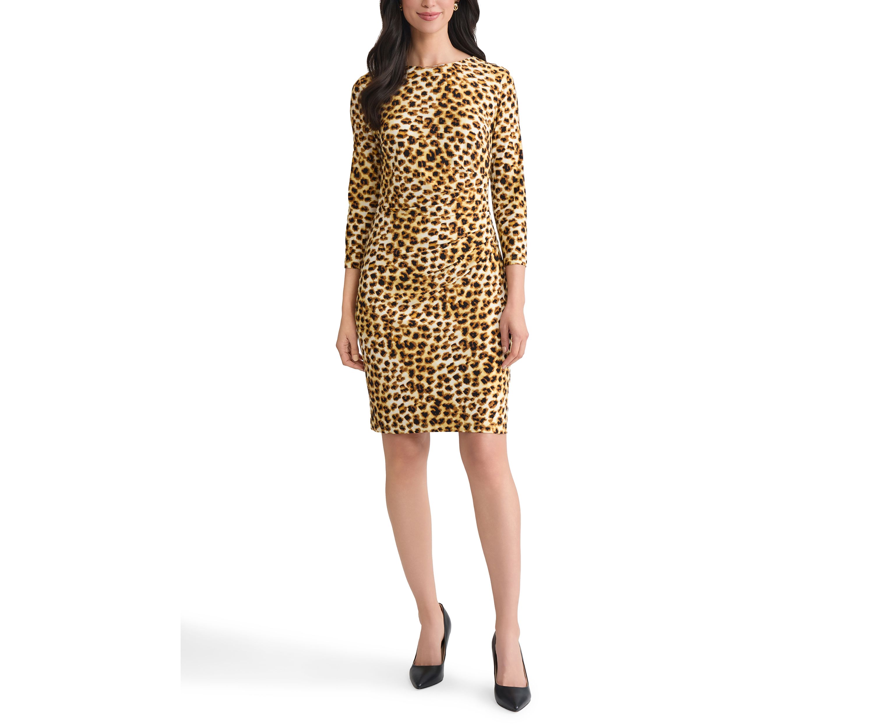 Womens Animal Print Ruched Knit Dress with Hardware 