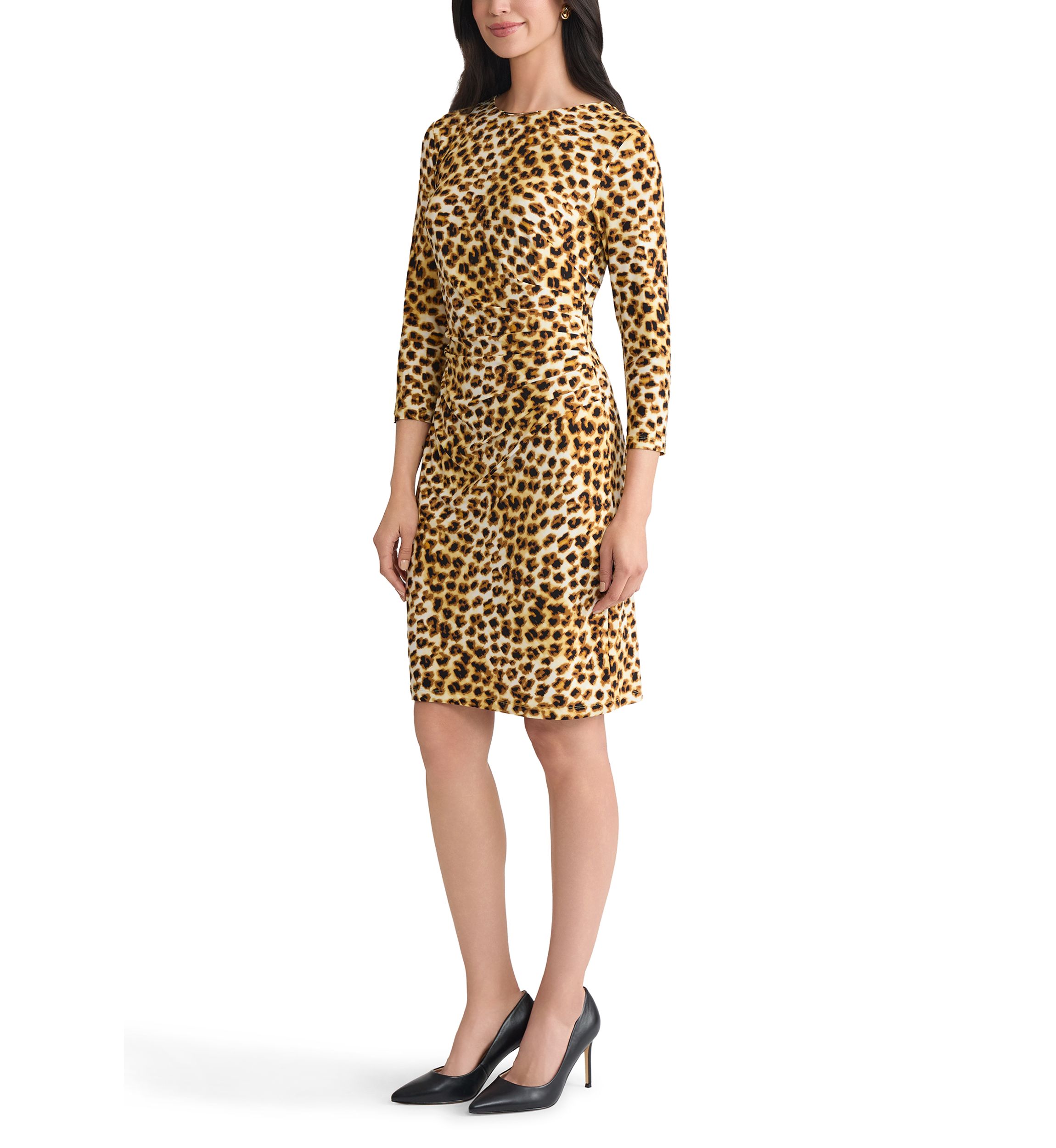 Womens Animal Print Ruched Knit Dress with Hardware 