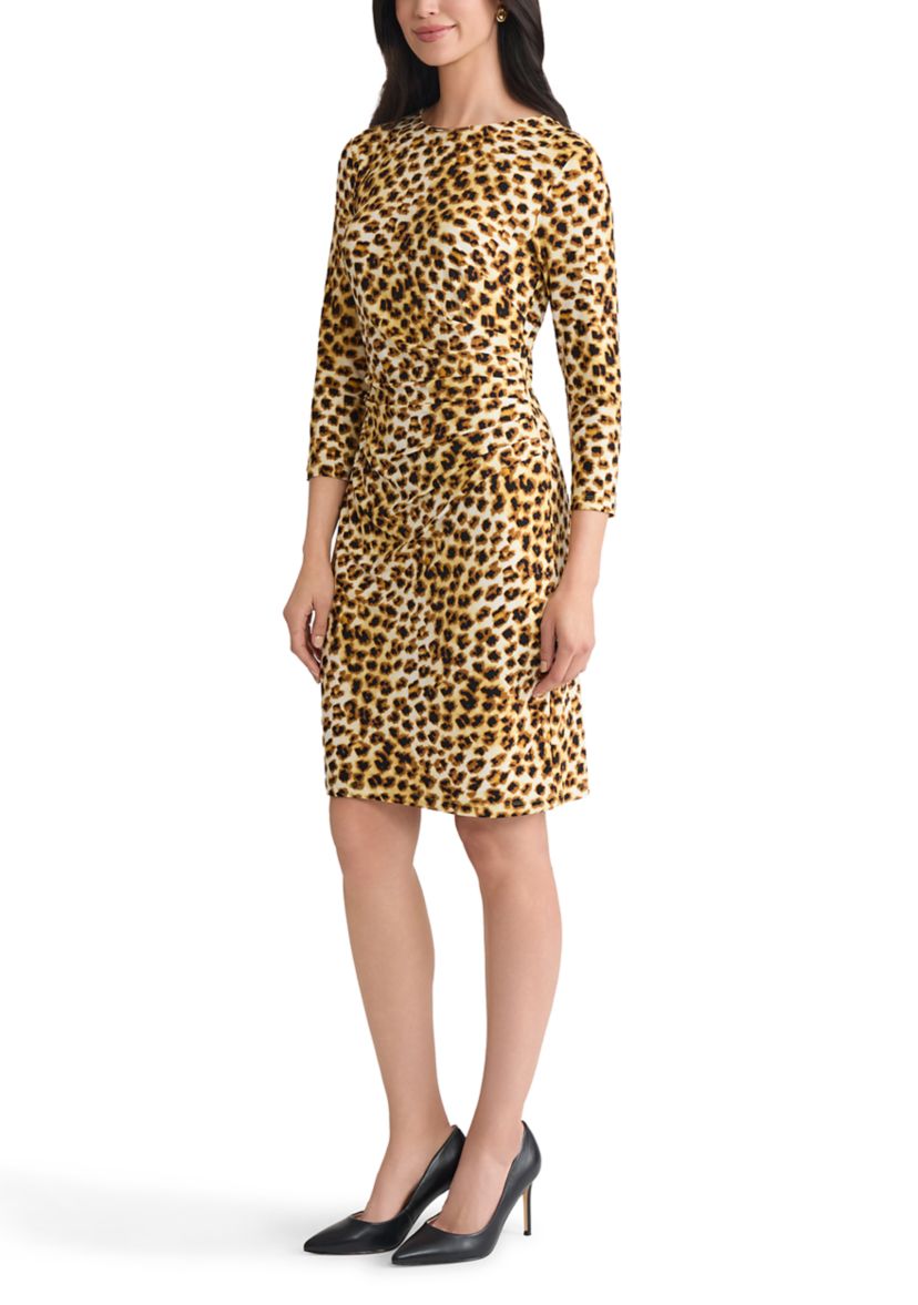 Womens Animal Print Ruched Knit Dress with Hardware 