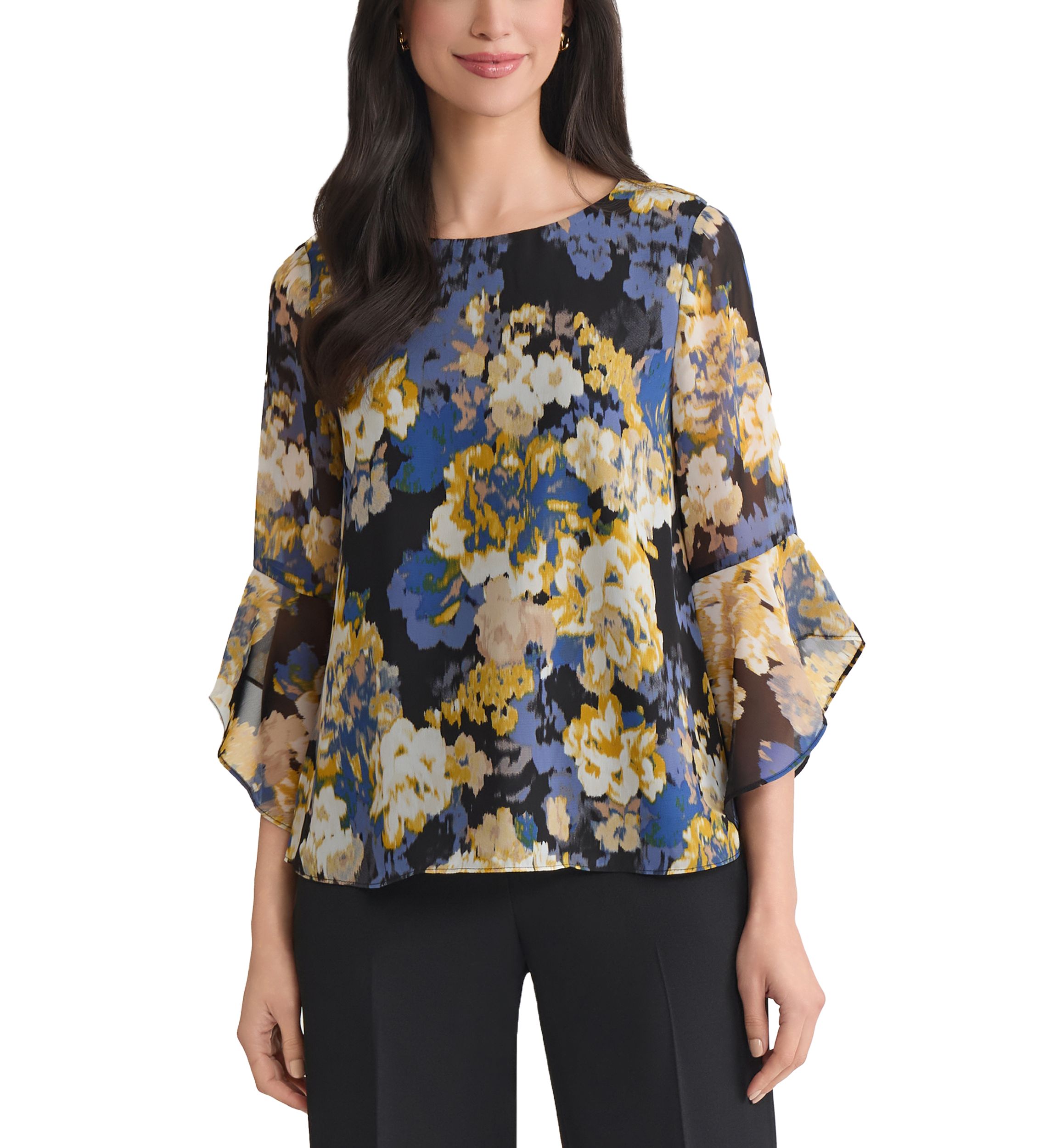 Womens Multi Floral Print Ruffle Sleeve Blouse 