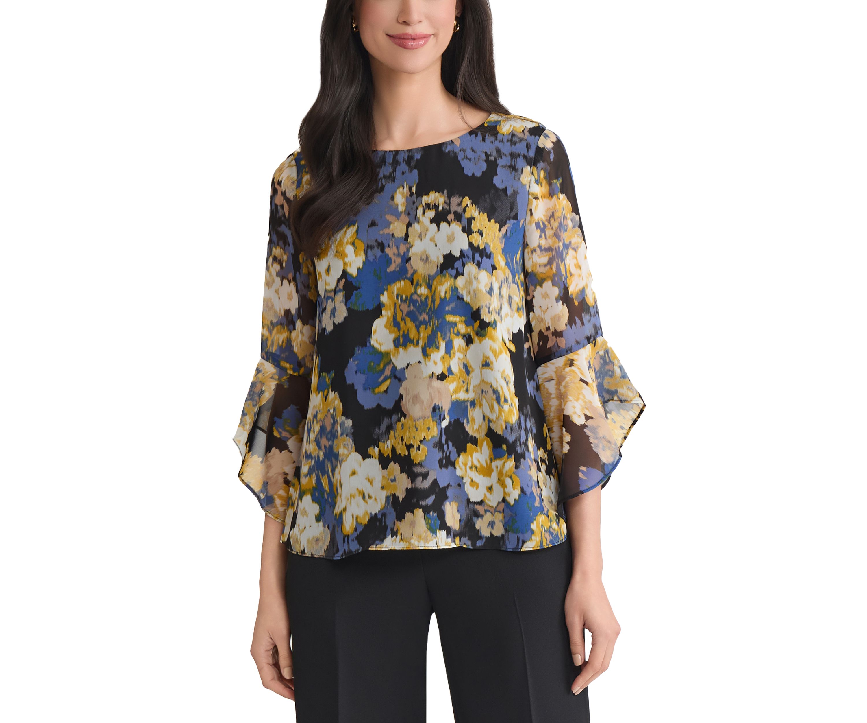 Womens Multi Floral Print Ruffle Sleeve Blouse 
