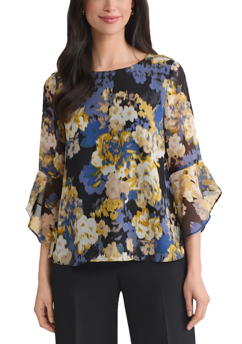 Womens Multi Floral Print Ruffle Sleeve Blouse 