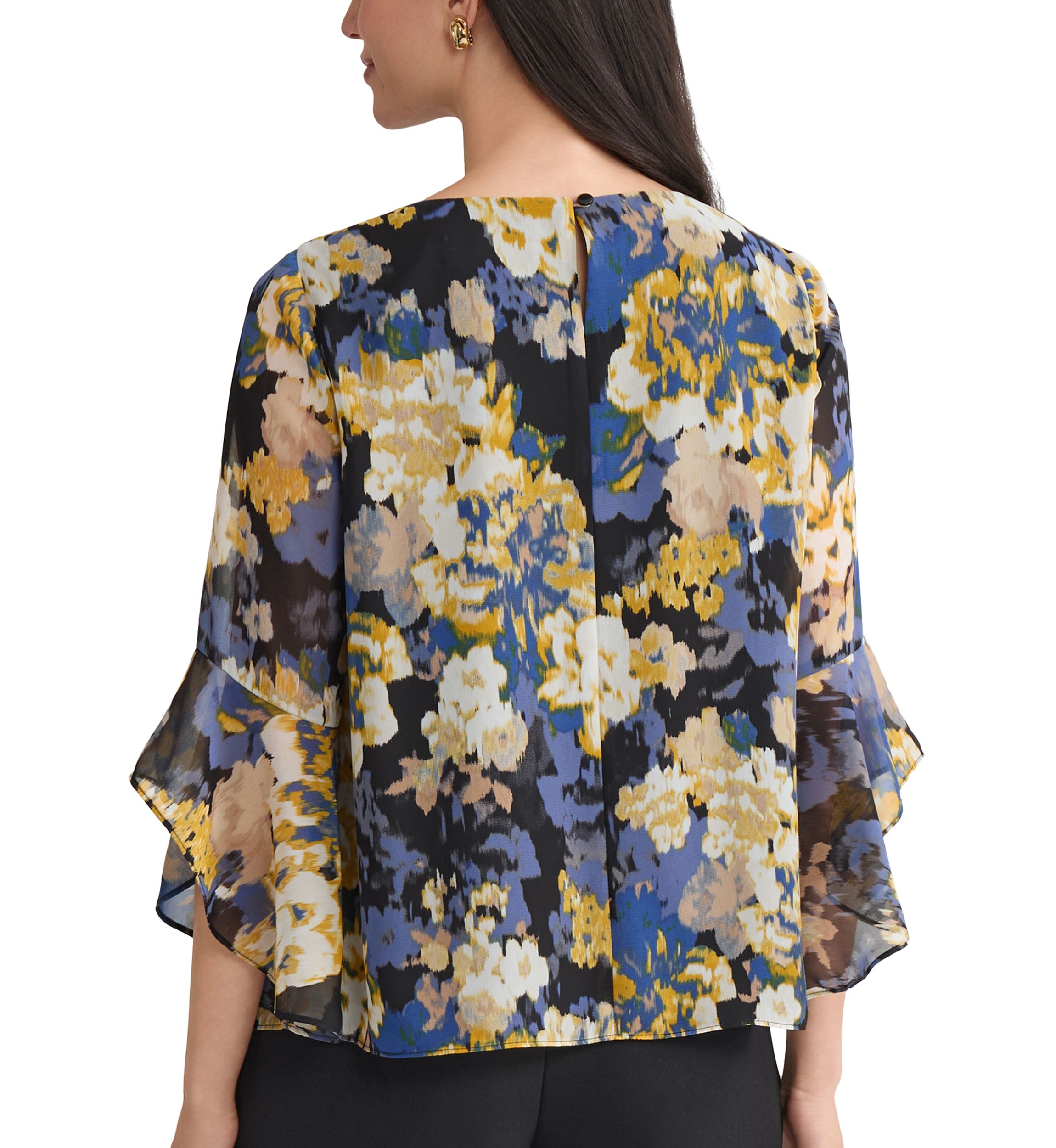 Womens Multi Floral Print Ruffle Sleeve Blouse 