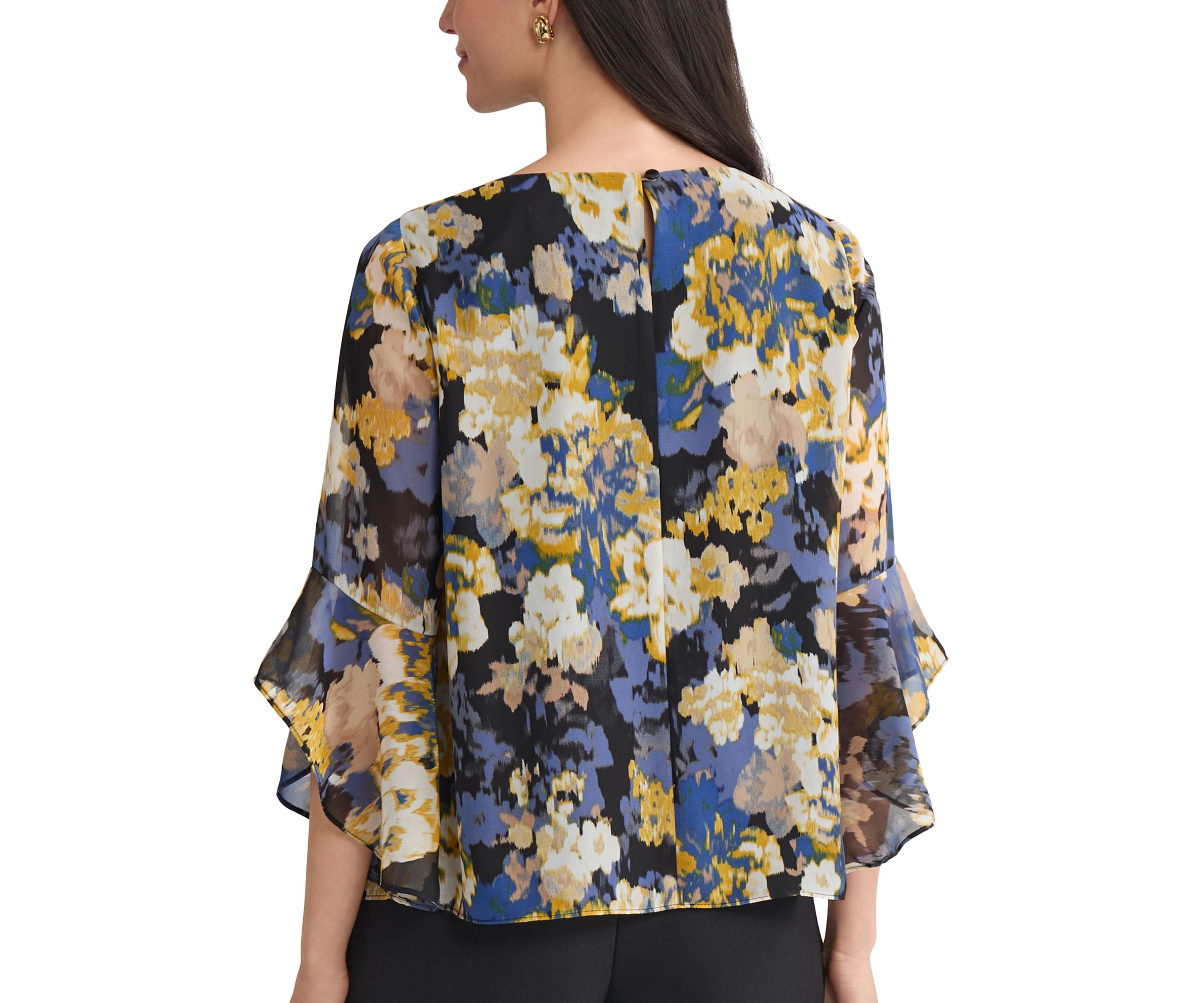 Womens Multi Floral Print Ruffle Sleeve Blouse 