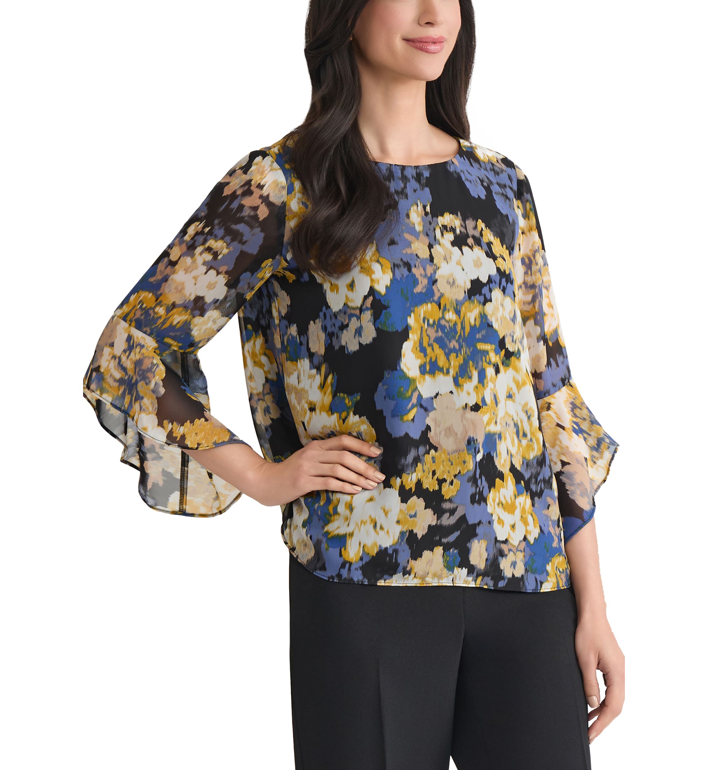 Womens Multi Floral Print Ruffle Sleeve Blouse 