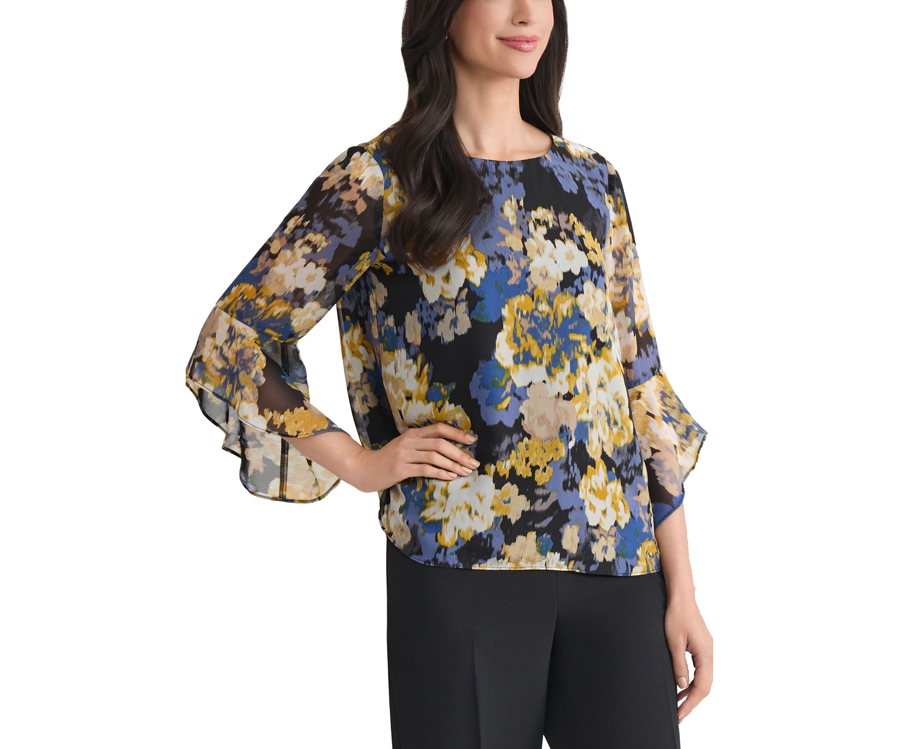 Womens Multi Floral Print Ruffle Sleeve Blouse 