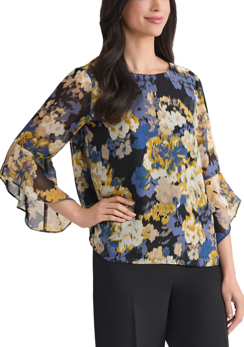 Womens Multi Floral Print Ruffle Sleeve Blouse 