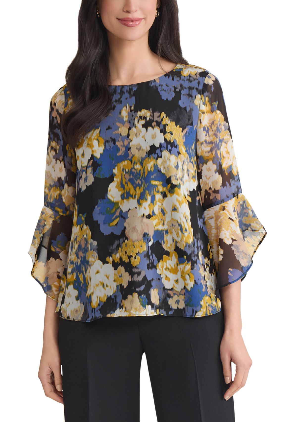 Petite Multi Floral Print Ruffle Sleeve Blouse 