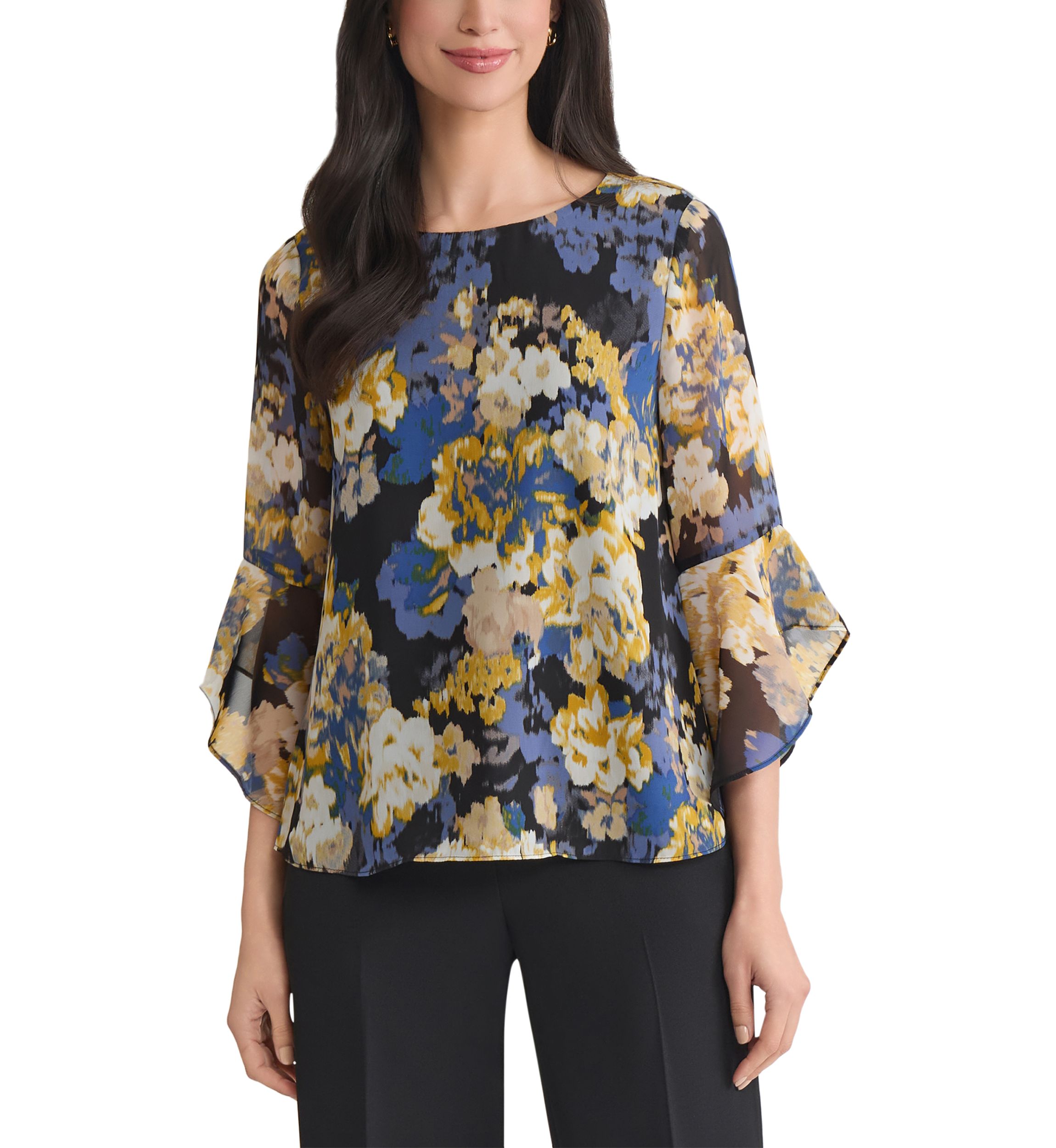 Petite Multi Floral Print Ruffle Sleeve Blouse 