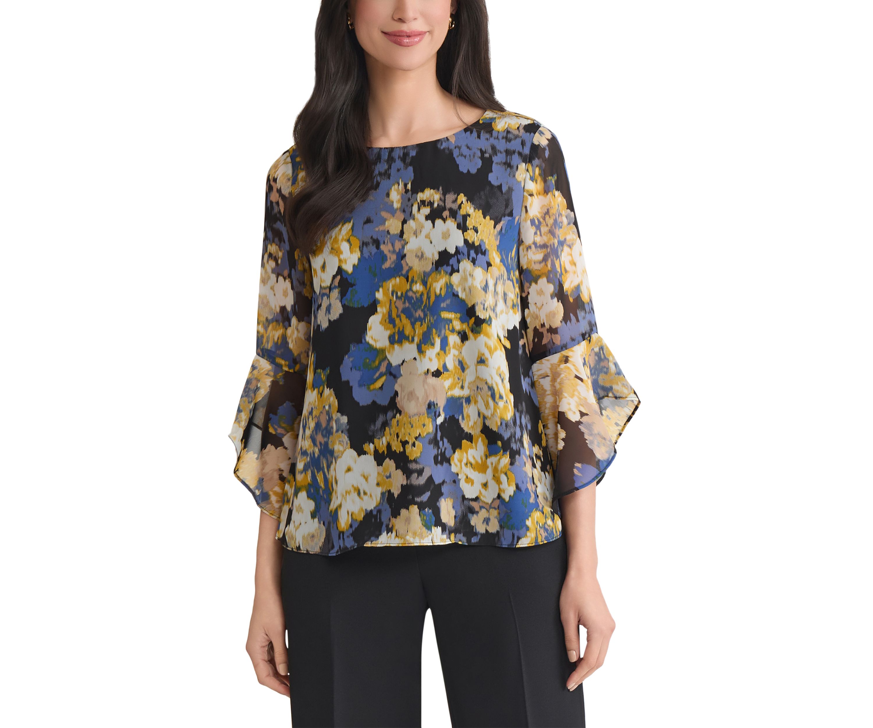 Petite Multi Floral Print Ruffle Sleeve Blouse 