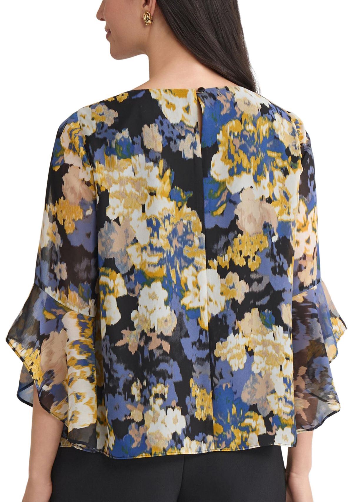 Petite Multi Floral Print Ruffle Sleeve Blouse 