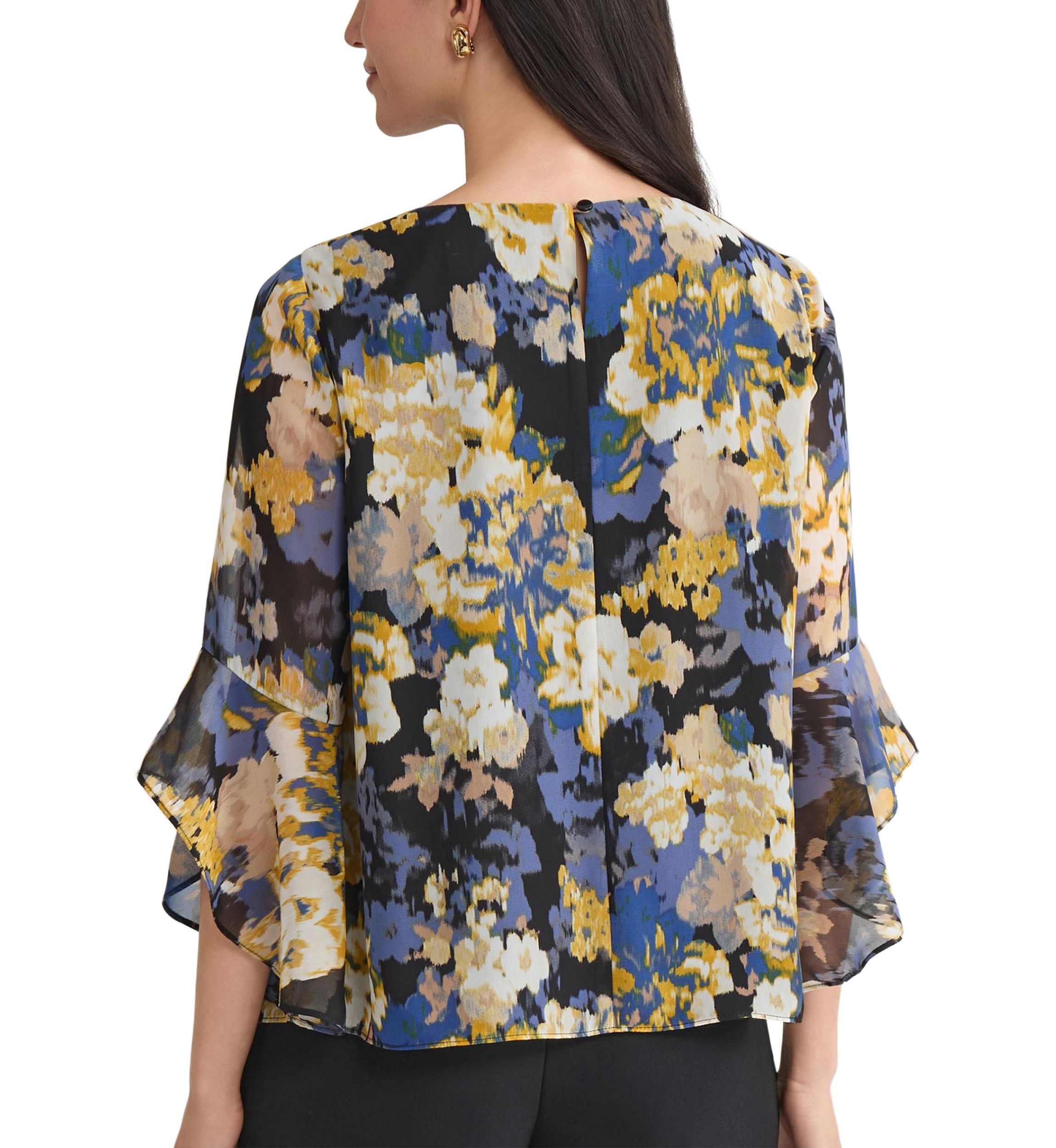 Petite Multi Floral Print Ruffle Sleeve Blouse 