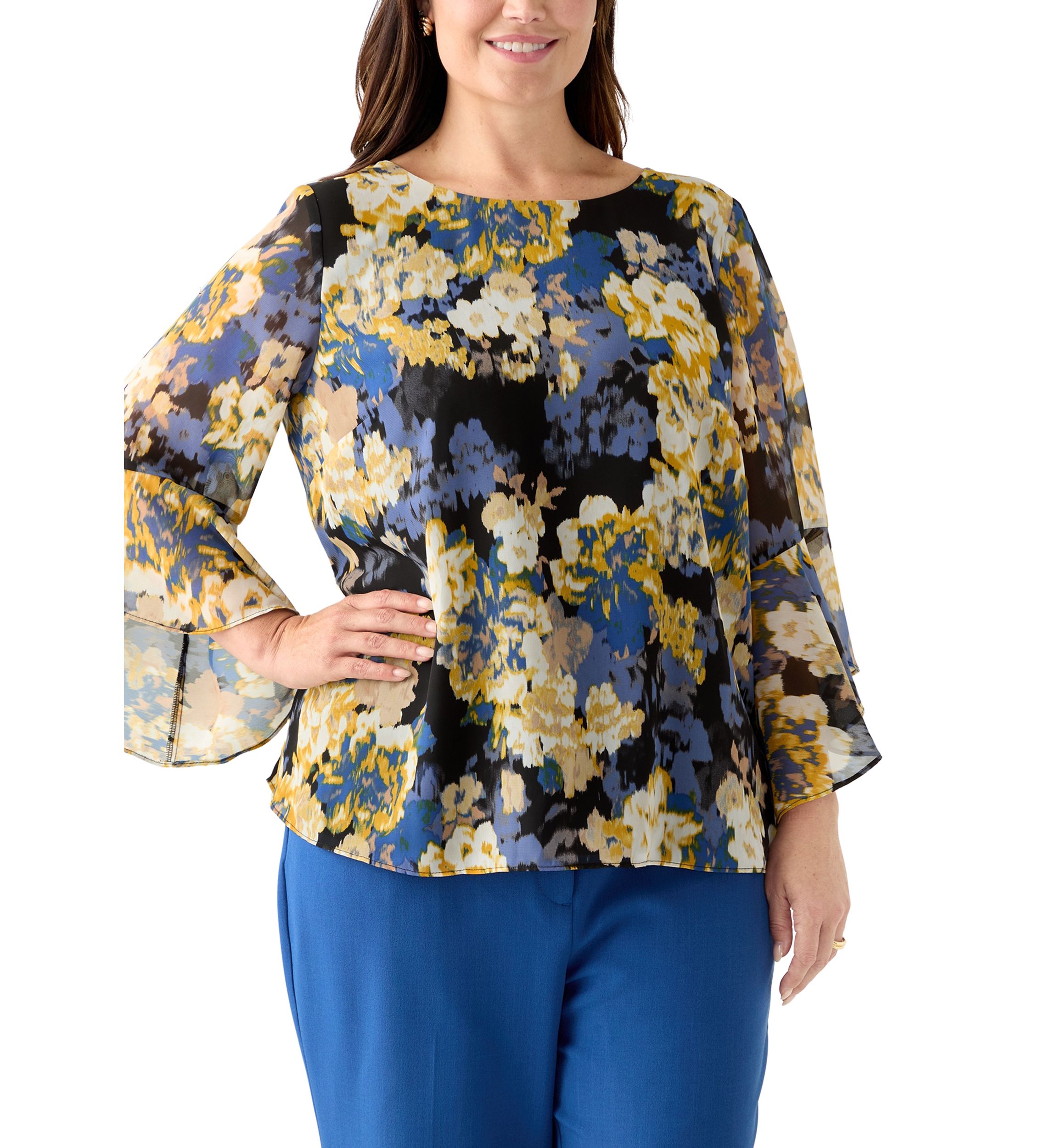 Plus Size Multi Floral Print Ruffle Sleeve Blouse