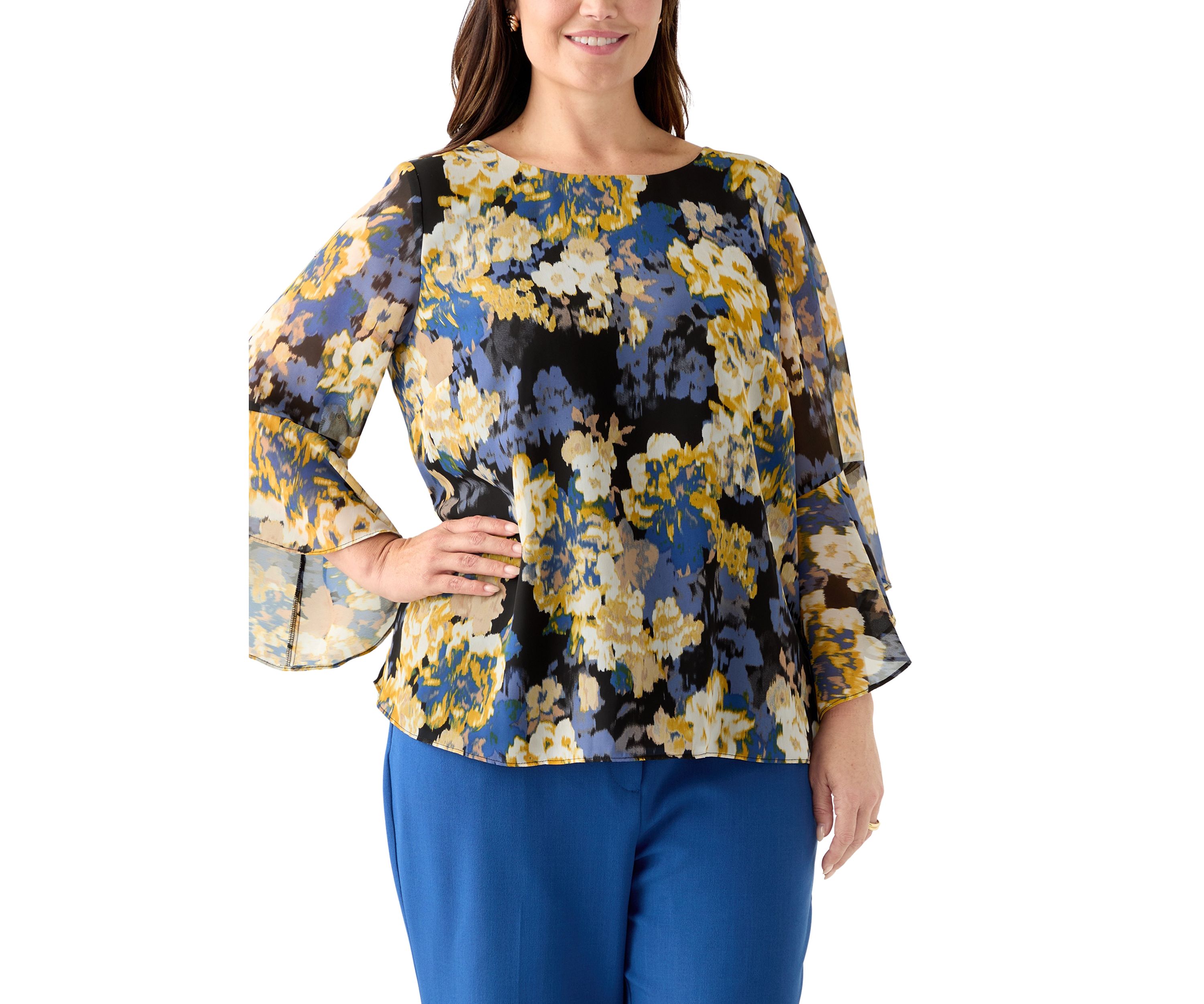 Plus Size Multi Floral Print Ruffle Sleeve Blouse