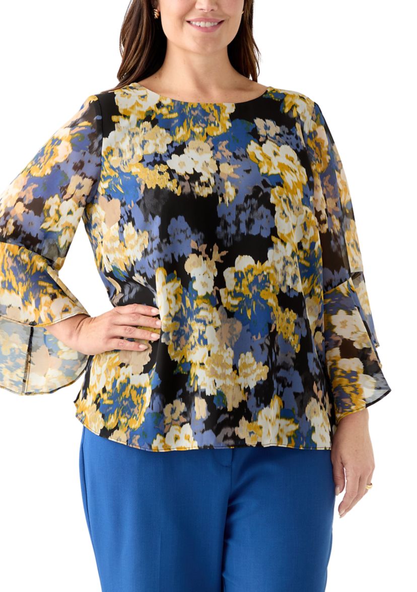 Plus Size Multi Floral Print Ruffle Sleeve Blouse